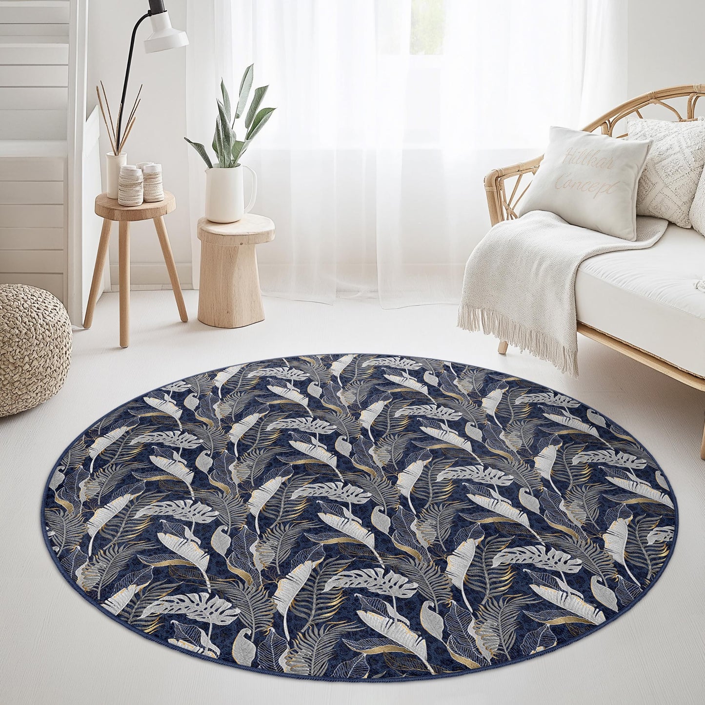 Elegant Leaf Pattern Round Area Rug, Floral Round Carpet for Living Room, Bohemian Decor, Indoor Round Mat, Soft Round Rug