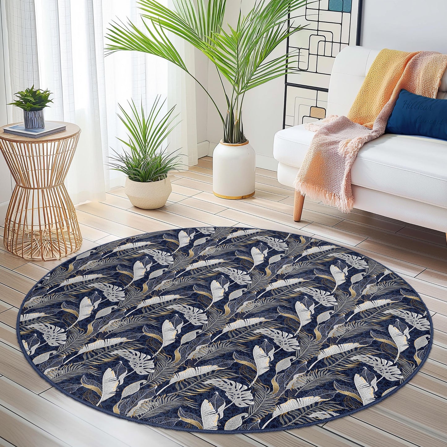 Elegant Leaf Pattern Round Area Rug, Floral Round Carpet for Living Room, Bohemian Decor, Indoor Round Mat, Soft Round Rug
