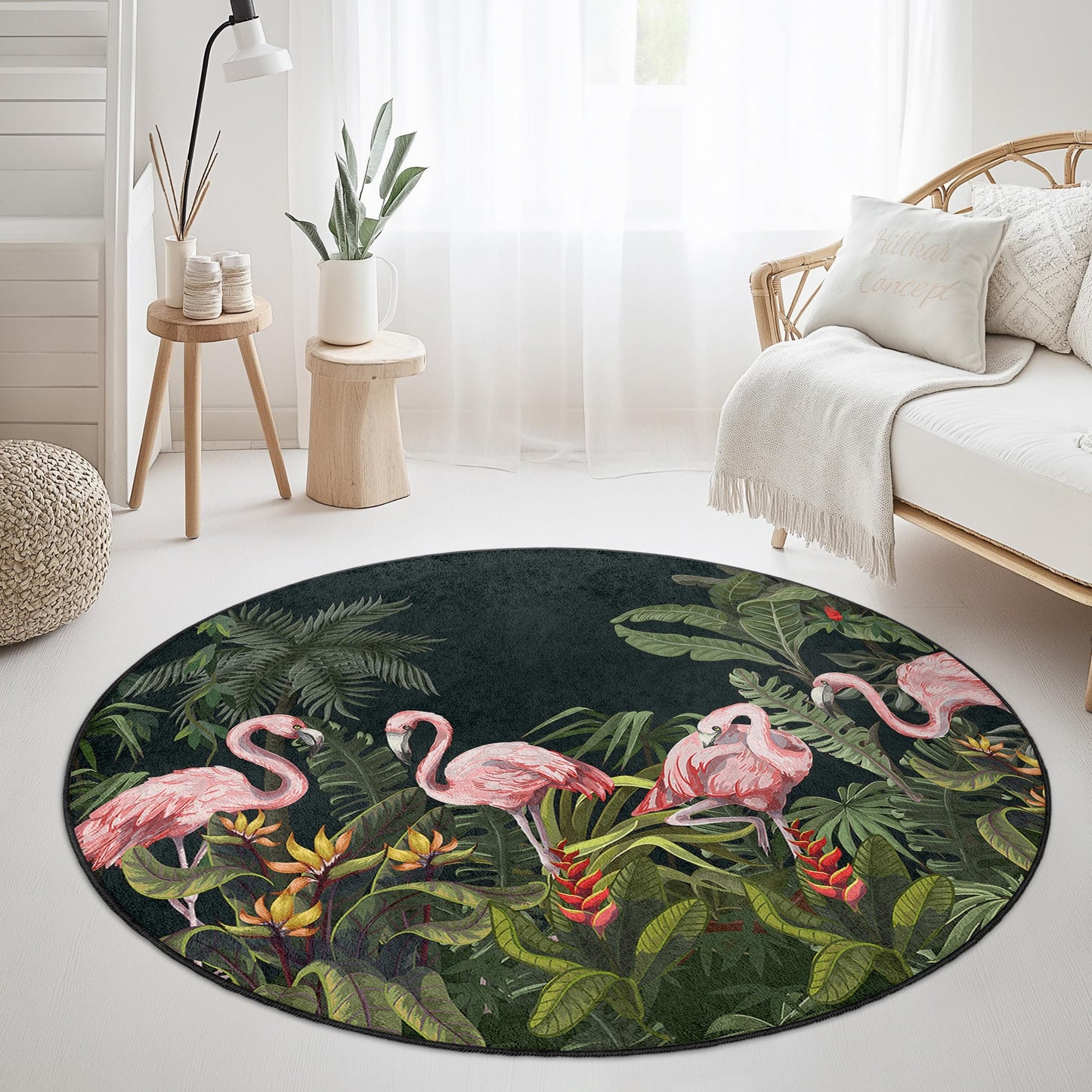 Tropical Flamingo Round Area Rug, Exotic Flamingo Carpet, Round Living Room Rug, Bohemian Home Decor, Tropical Jungle Rug