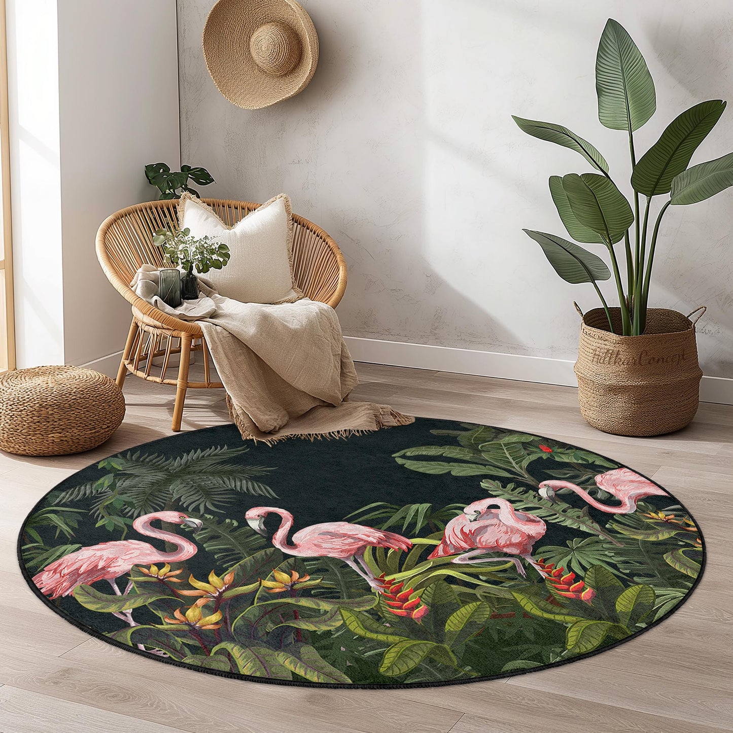 Tropical Flamingo Round Area Rug, Exotic Flamingo Carpet, Round Living Room Rug, Bohemian Home Decor, Tropical Jungle Rug