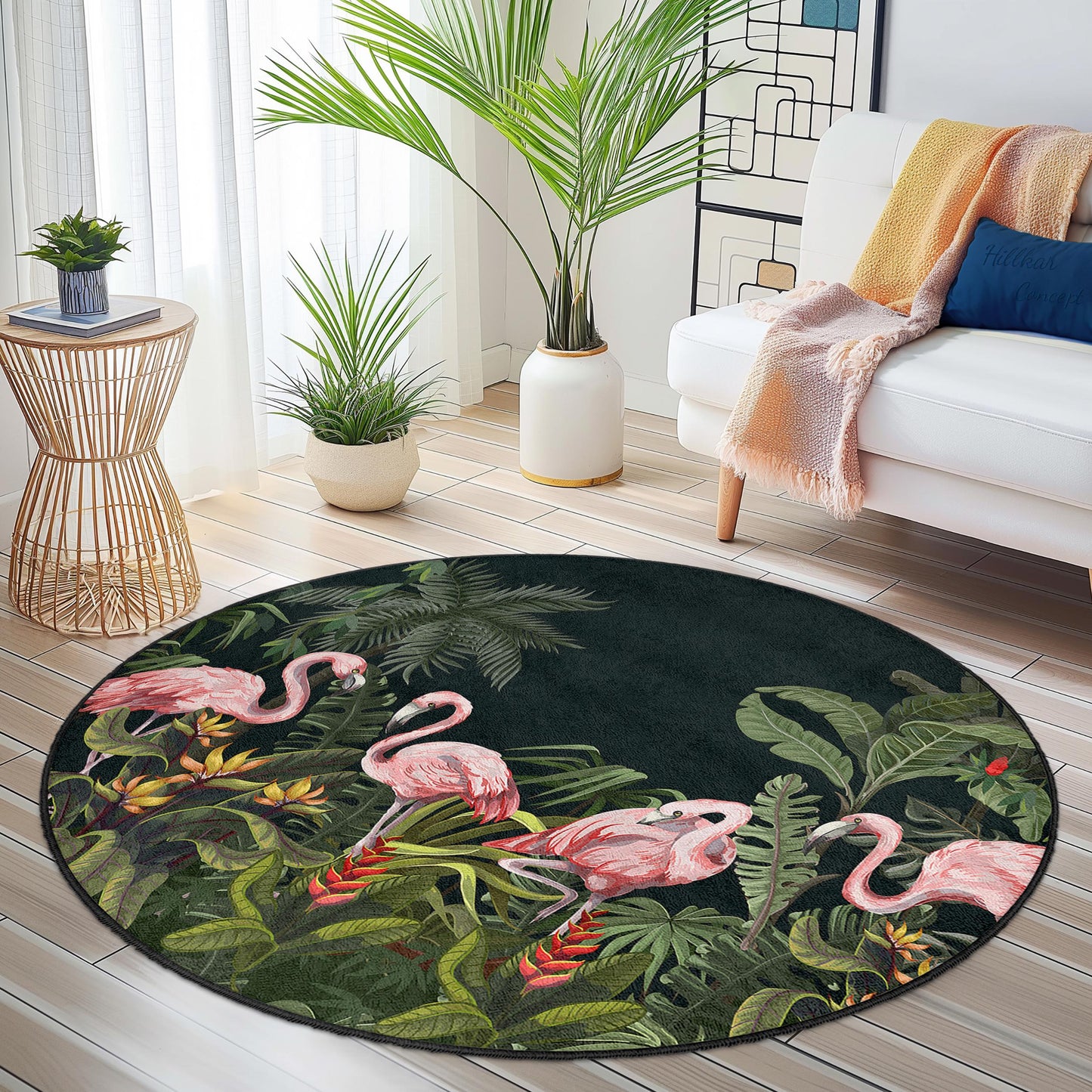 Tropical Flamingo Round Area Rug, Exotic Flamingo Carpet, Round Living Room Rug, Bohemian Home Decor, Tropical Jungle Rug