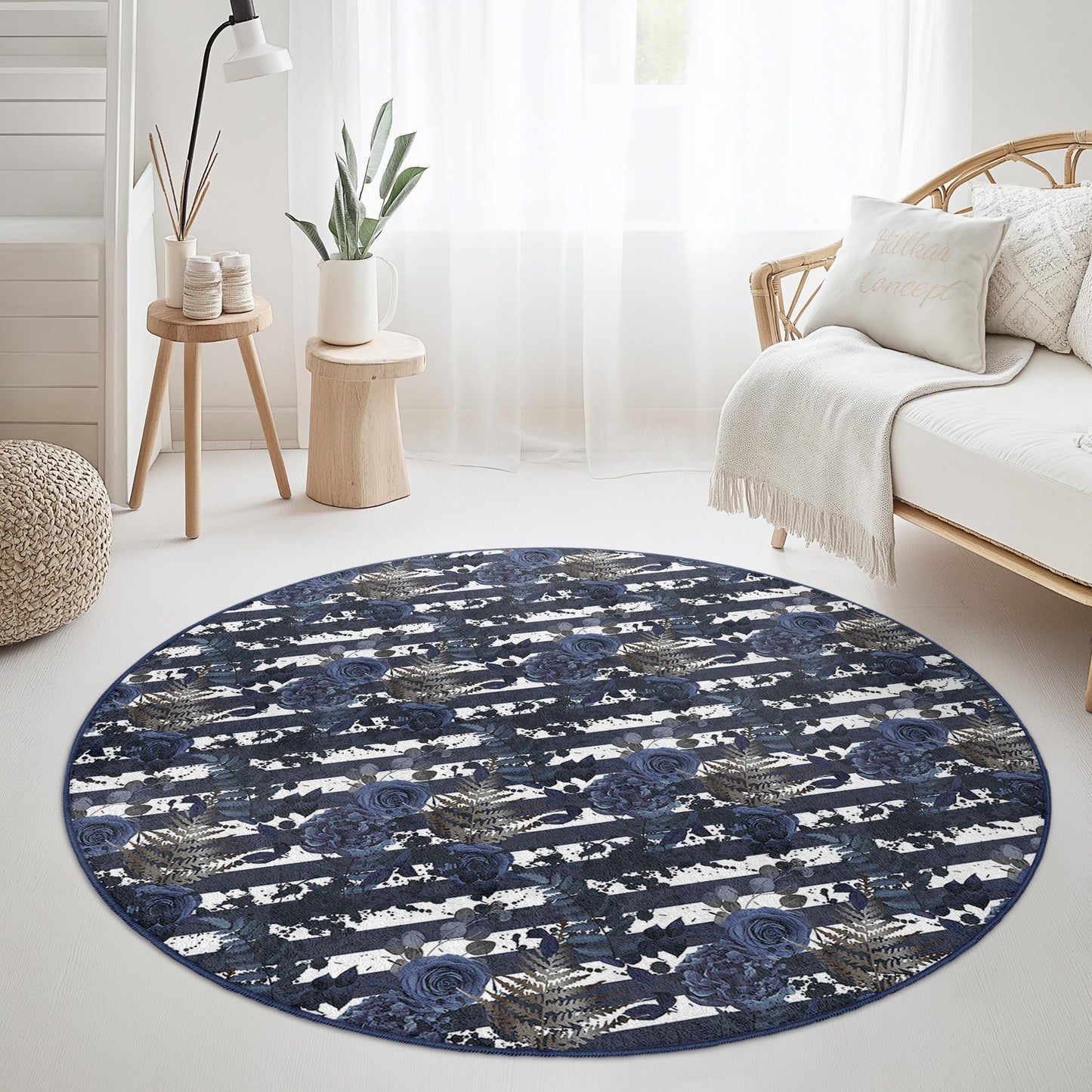 Elegant Floral Round Area Rug, Blue and White Floral Round Carpet, Chic Home Decor, Living Room Rug, Bohemian Style Rug