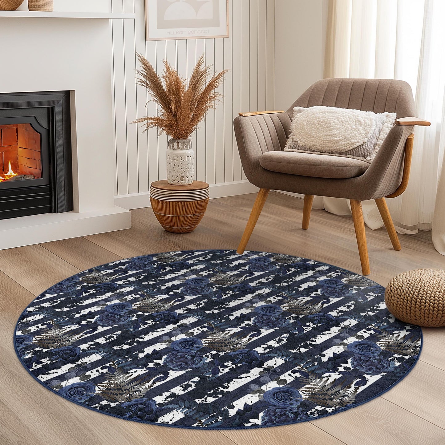 Elegant Floral Round Area Rug, Blue and White Floral Round Carpet, Chic Home Decor, Living Room Rug, Bohemian Style Rug