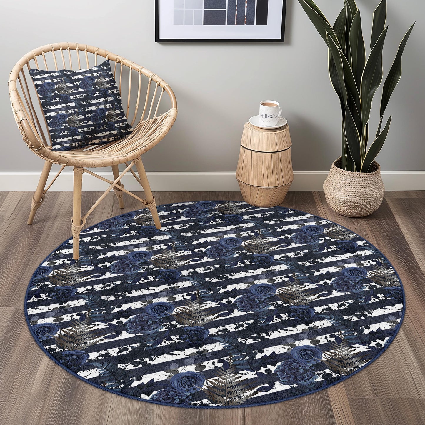 Elegant Floral Round Area Rug, Blue and White Floral Round Carpet, Chic Home Decor, Living Room Rug, Bohemian Style Rug