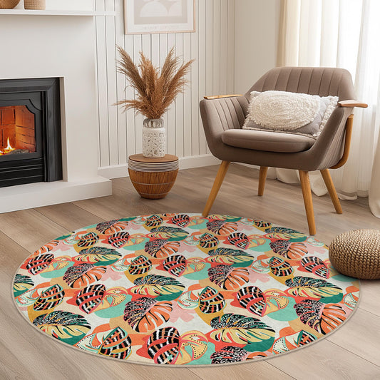 Vibrant Tropical Leaf Round Area Rug, Bohemian Style Round Rug, Living Room Decor, Indoor Round Carpet, Home Accents