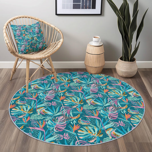 Tropical Jungle Round Area Rug, Colorful Floral Design, Living Room Decor, Bohemian Style Carpet, Round Home Accent