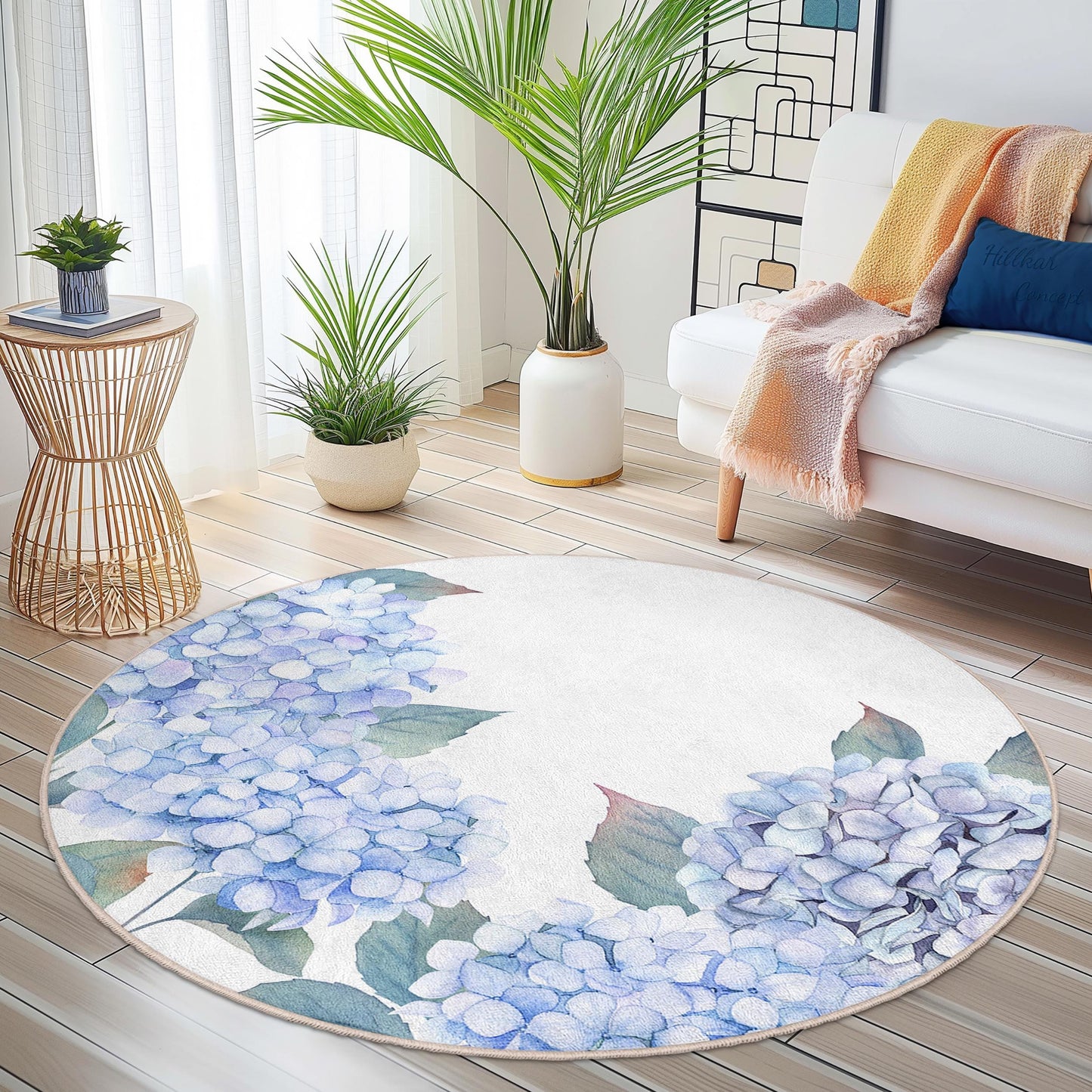 Hydrangea Floral Round Area Rug, Botanical Round Carpet, Flower Pattern Living Room Rug, Decorative Round Rug for Home