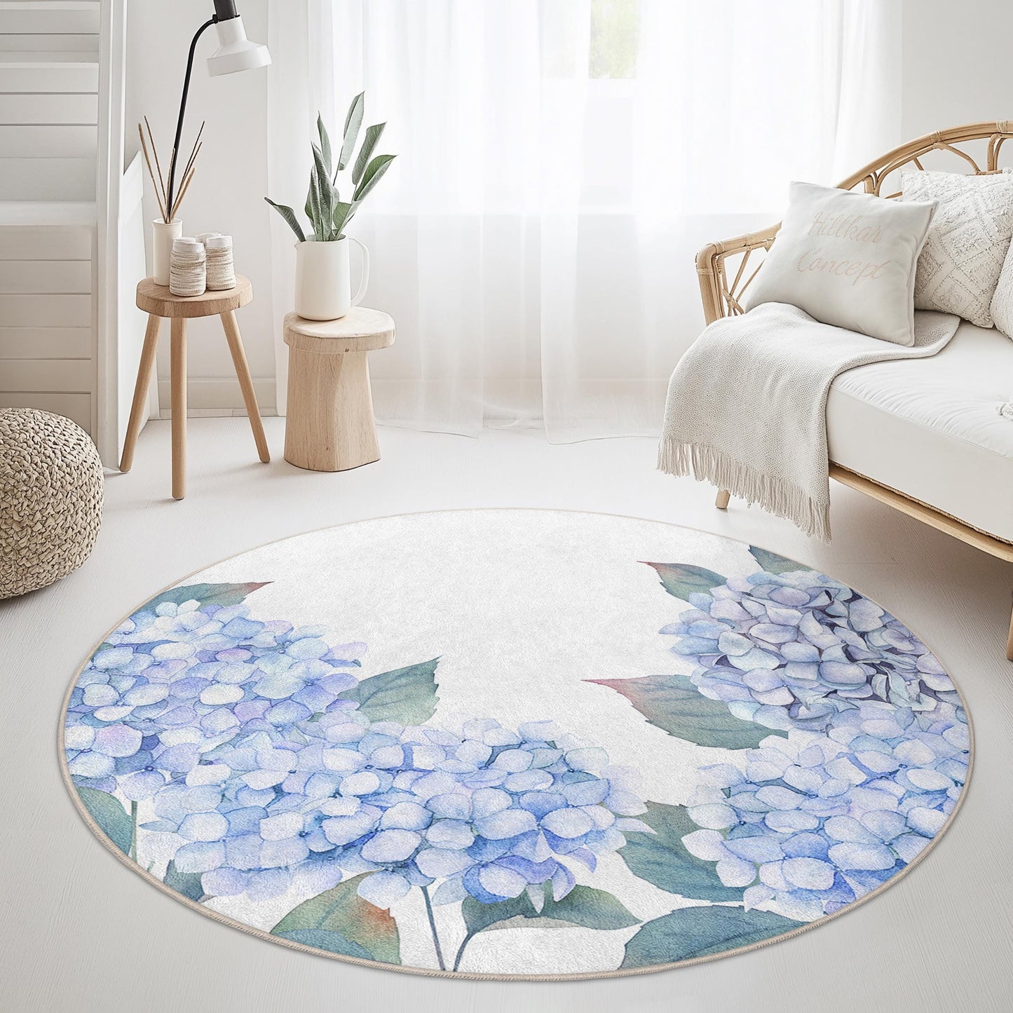 Hydrangea Floral Round Area Rug, Botanical Round Carpet, Flower Pattern Living Room Rug, Decorative Round Rug for Home