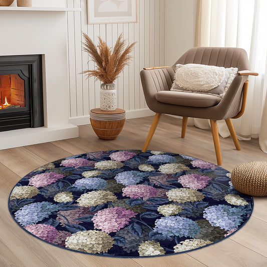 Elegant Floral Round Area Rug, Hydrangea Pattern Rug, Round Living Room Carpet, Decorative Home Rug, Vintage Style Floor Mat