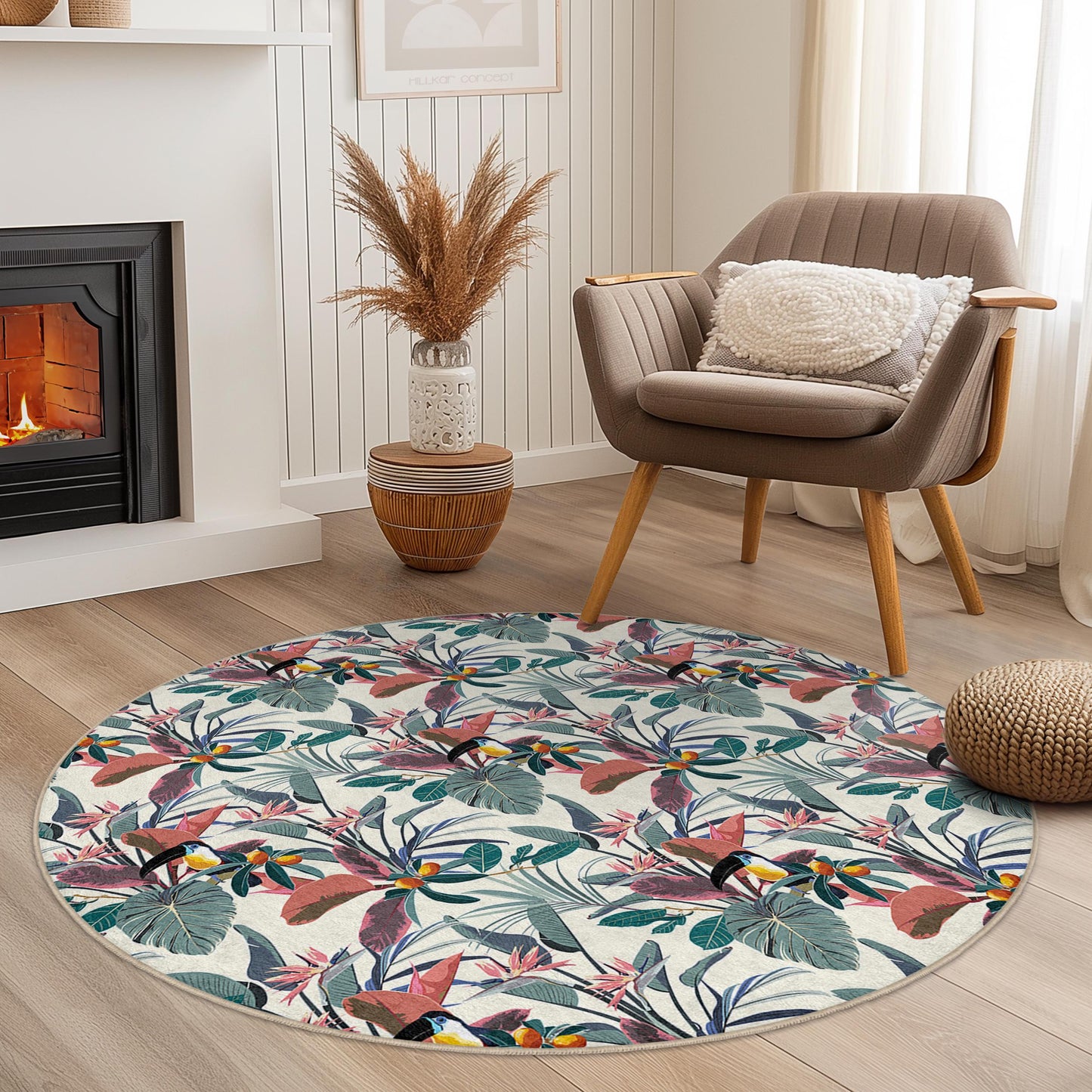 Tropical Floral Round Area Rug, Bohemian Style Round Carpet, Indoor Decorative Rug, Living Room Rug, Soft Floral Floor Mat