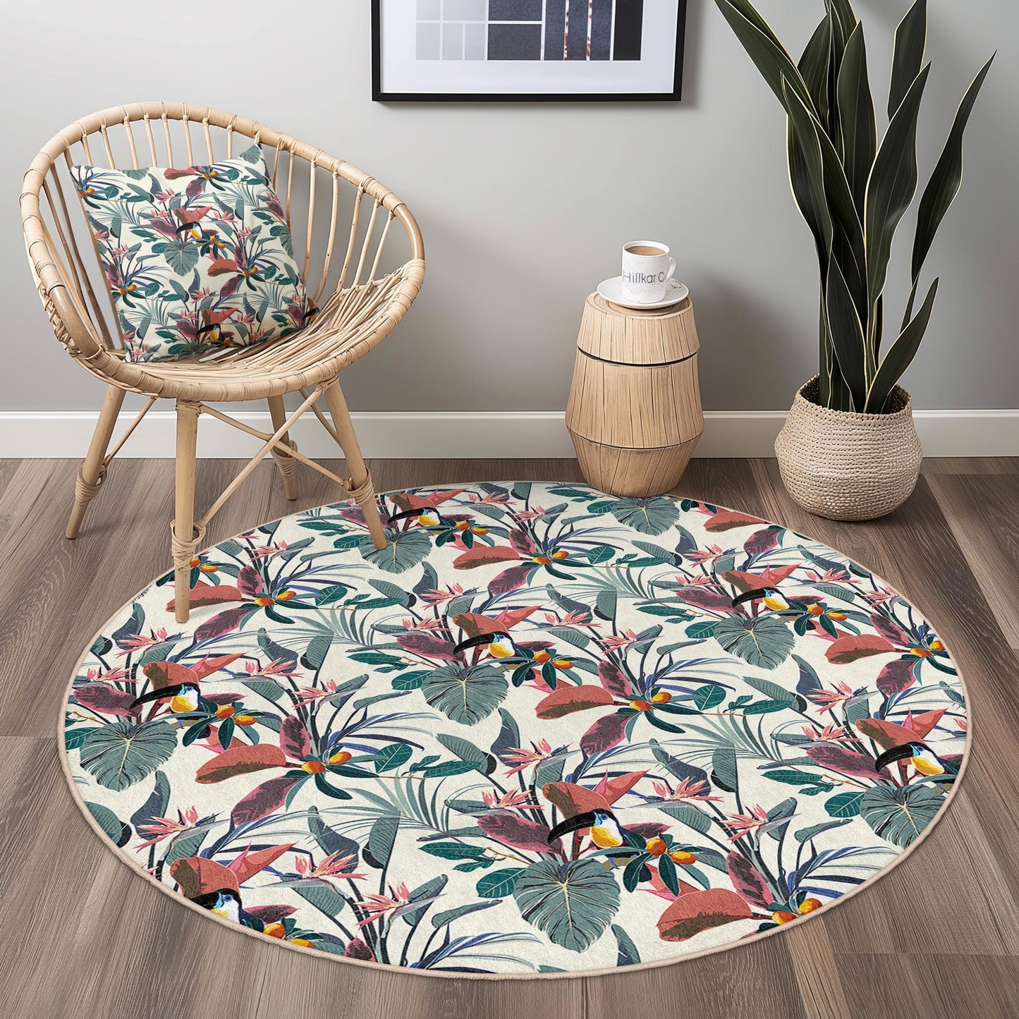 Tropical Floral Round Area Rug, Bohemian Style Round Carpet, Indoor Decorative Rug, Living Room Rug, Soft Floral Floor Mat