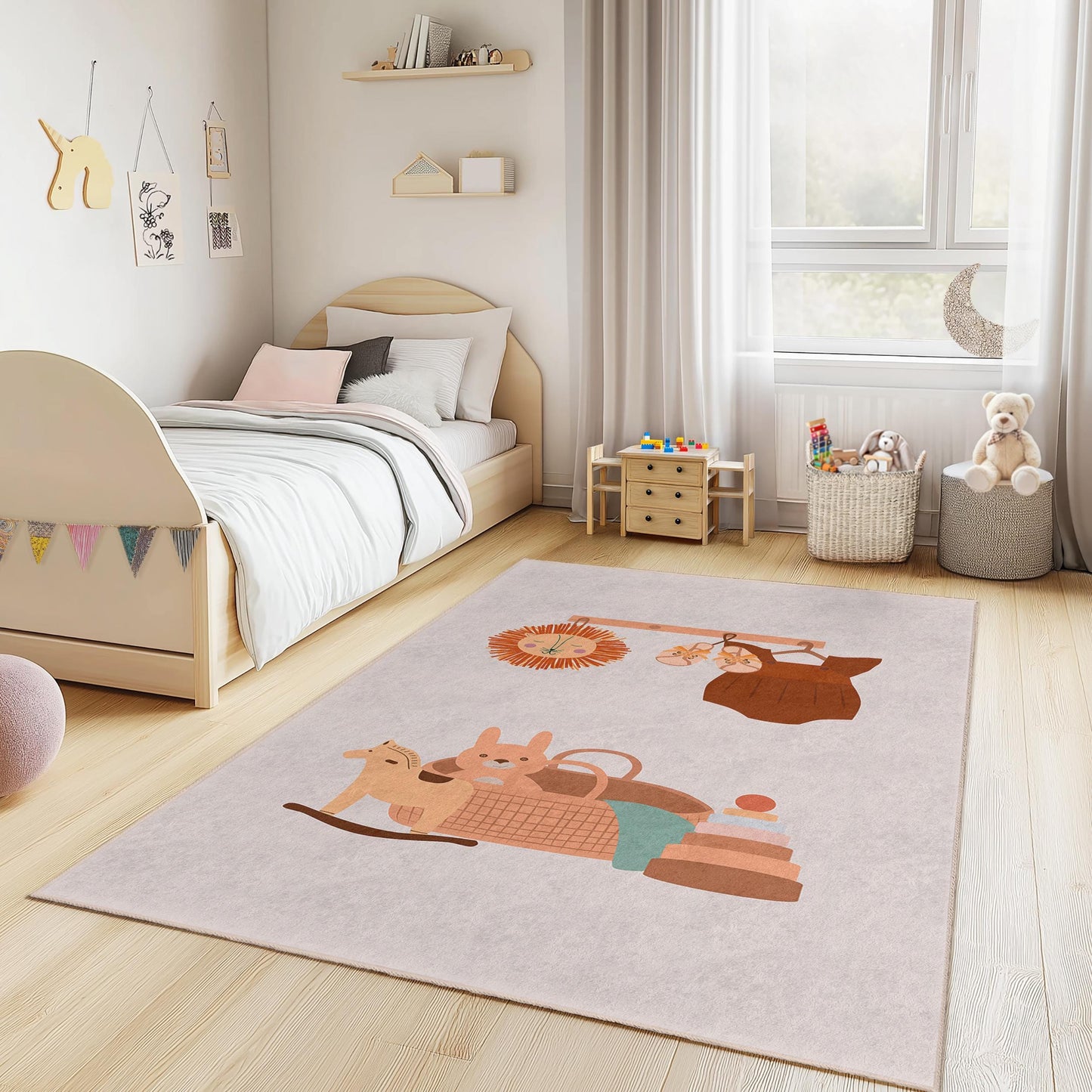 Whimsical Animal Pattern Rectangular Kids Rug, Playroom Carpet, Nursery Area Rug, Adorable Kids Room Decor, Soft Play Mat