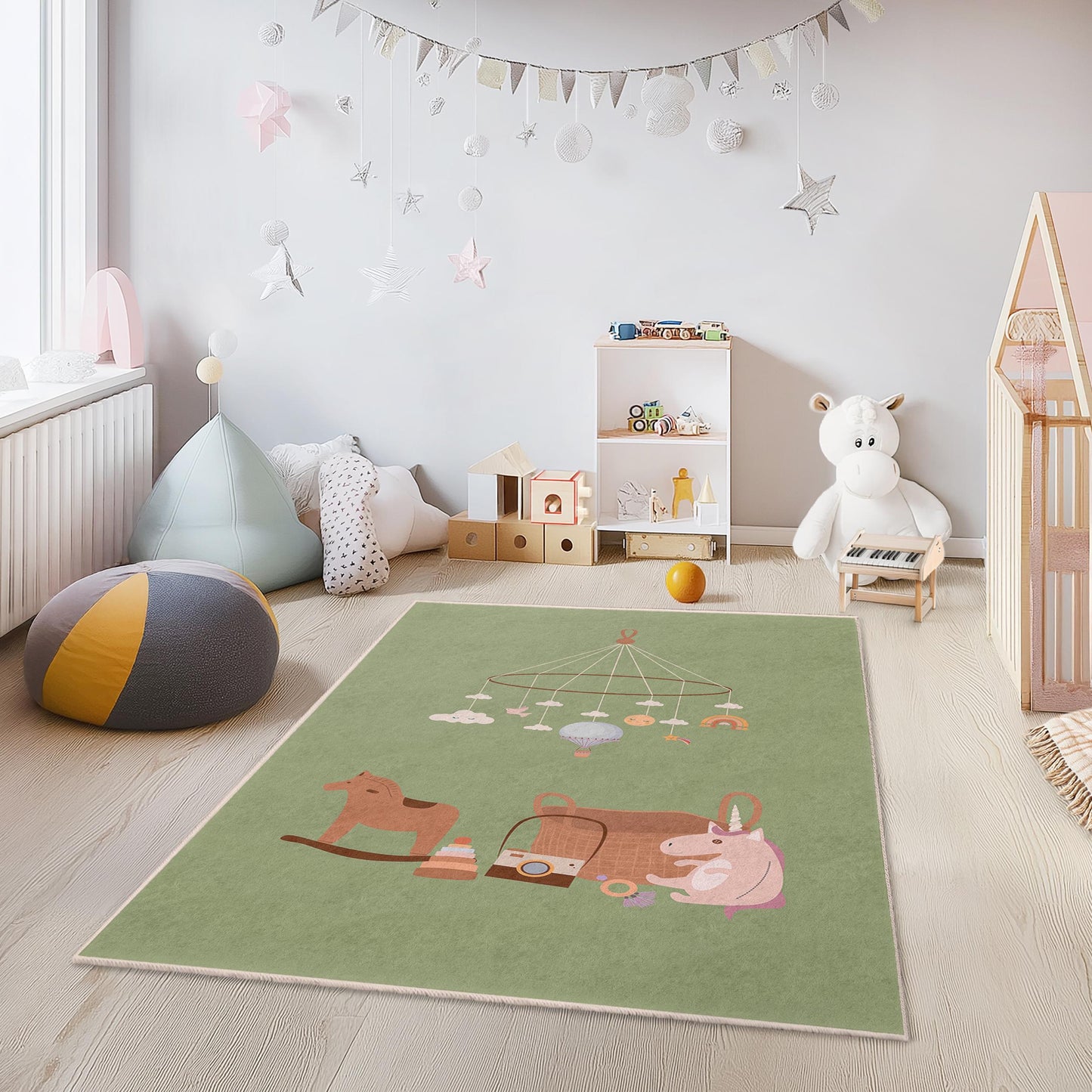 Whimsical Cloud and Toy Mobile Design Kids Rug, Rectangle Nursery Carpet, Soft Play Mat for Childrens Room Decor