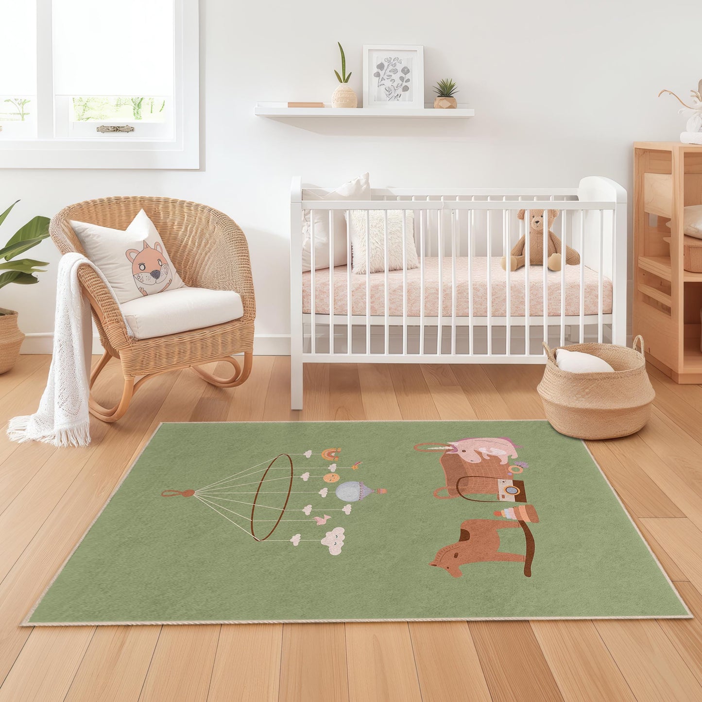 Whimsical Cloud and Toy Mobile Design Kids Rug, Rectangle Nursery Carpet, Soft Play Mat for Childrens Room Decor