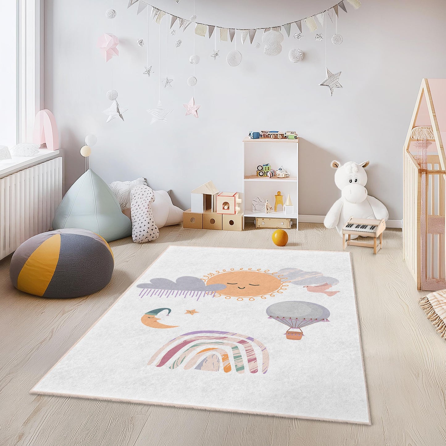 Whimsical Sun and Clouds Kids Rug, Rainbow Theme Rectangle Carpet, Playroom Decor, Nursery Rug, Soft Playmat for Children
