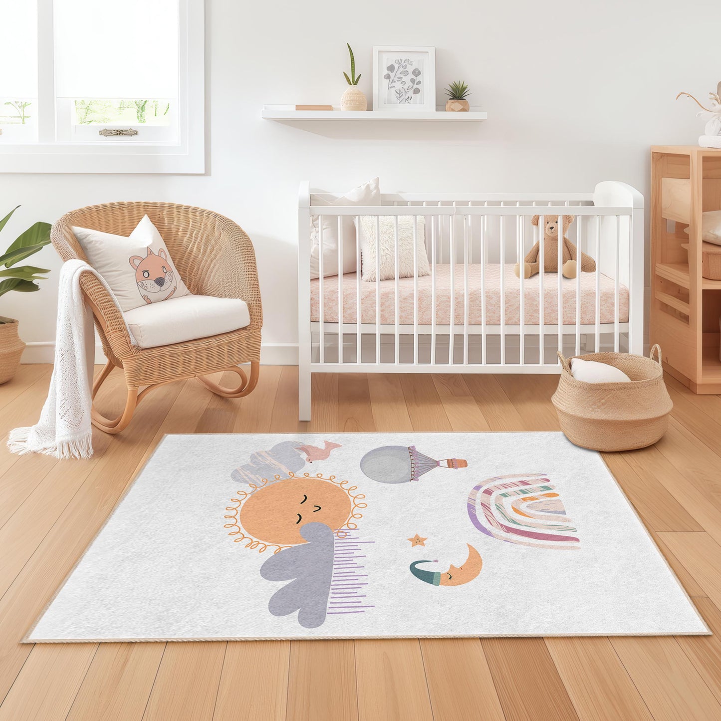 Whimsical Sun and Clouds Kids Rug, Rainbow Theme Rectangle Carpet, Playroom Decor, Nursery Rug, Soft Playmat for Children