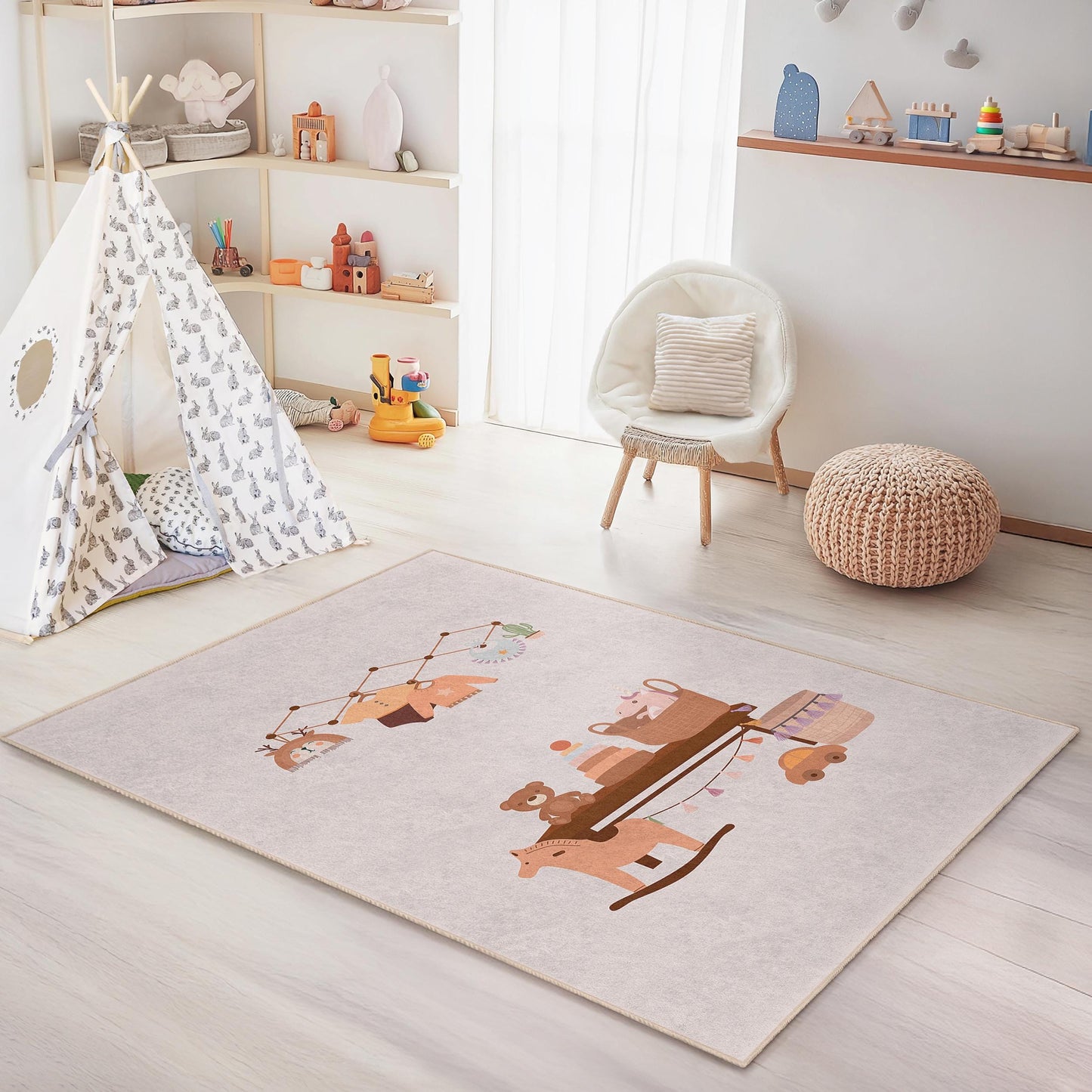 Cute Pastel Nursery Decor Rug, Adorable Kids Room Carpet, Rectangle Play Mat, Soft Baby Room Rug, Interactive Toddler Rug
