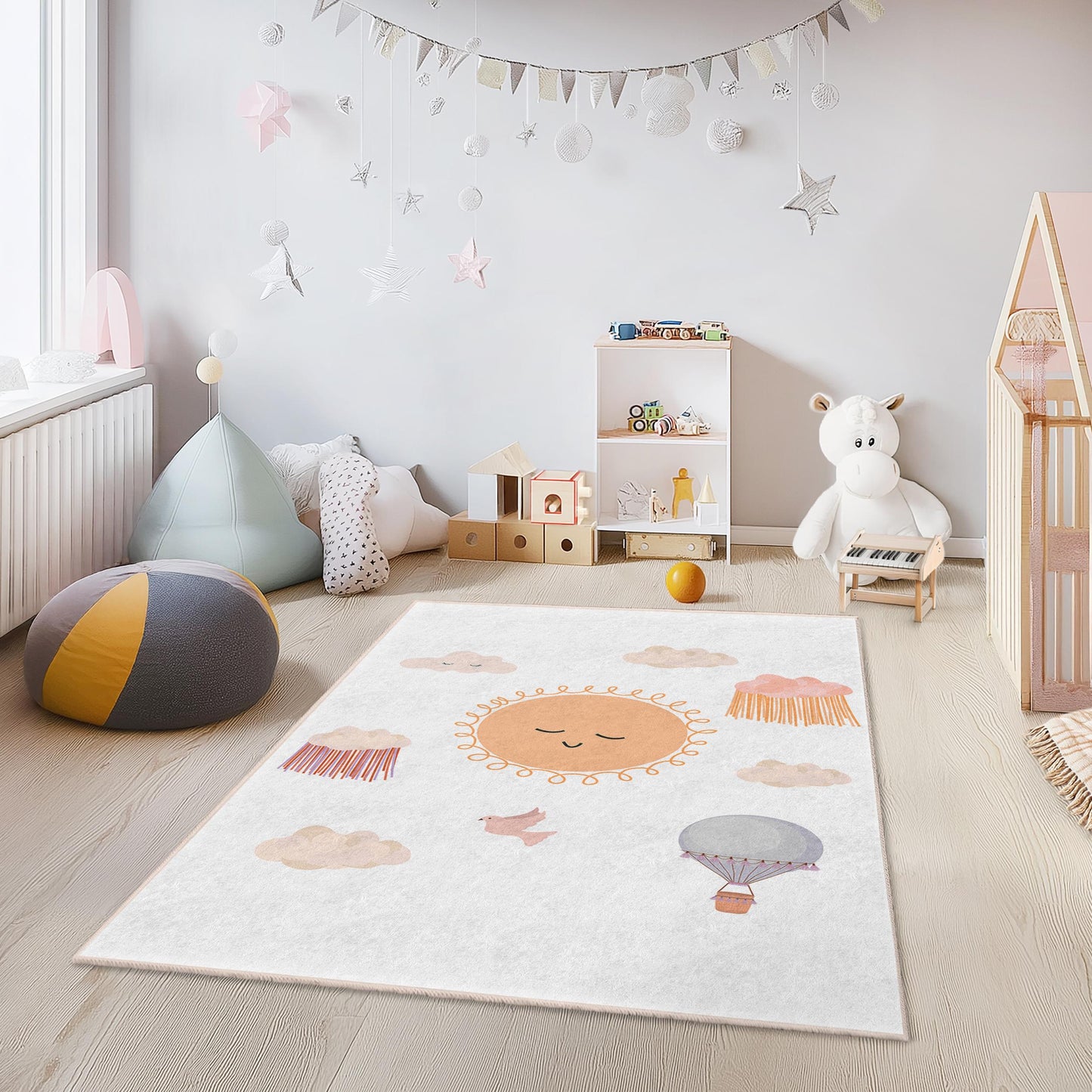 Sunny Smiles Cloudy Dreams Rectangular Kids Rug, Cute Sun and Cloud Design Rug, Playroom Decor, Nursery Area Rug