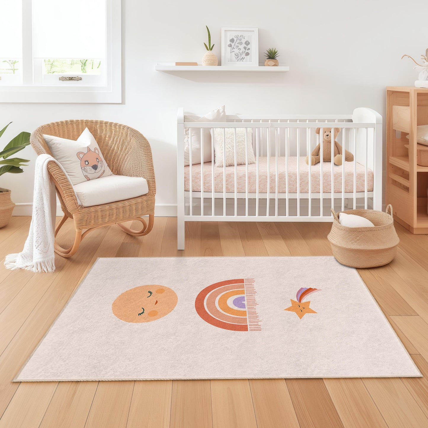 Cute Rainbow and Star Kids Rug, Colorful Nursery Decor, Rectangular Playroom Carpet, Baby Room Area Rug, Soft Childrens Mat