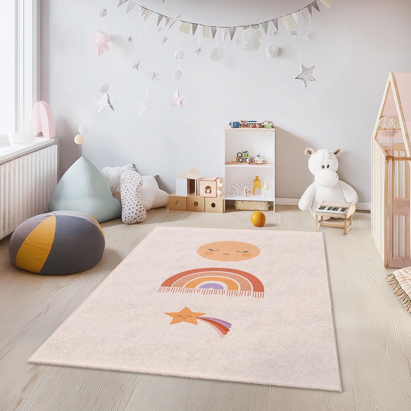 Cute Rainbow and Star Kids Rug, Colorful Nursery Decor, Rectangular Playroom Carpet, Baby Room Area Rug, Soft Childrens Mat