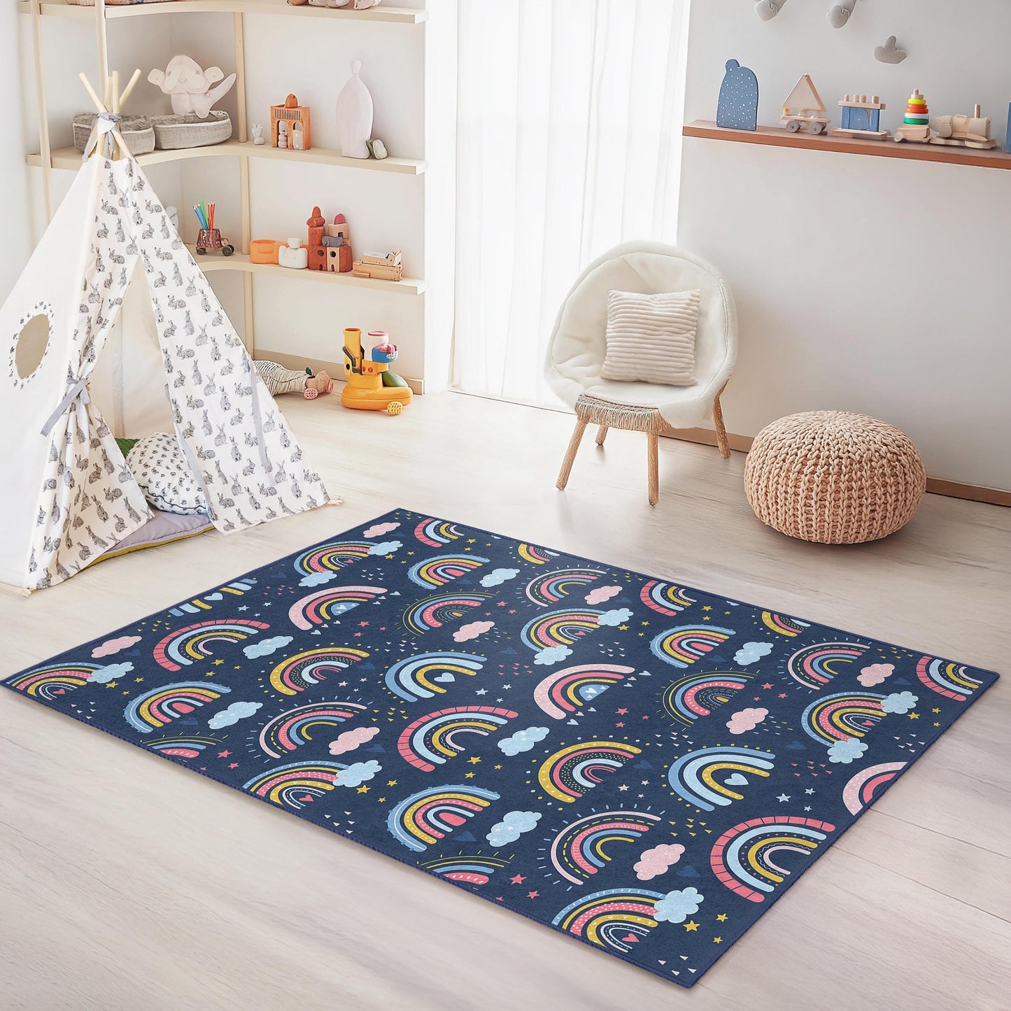 Rainbow Dreams Soft Rectangular Kids Rug, Colorful Rainbow Carpet, Playroom Decor, Nursery Rug, Kids Bedroom Rug