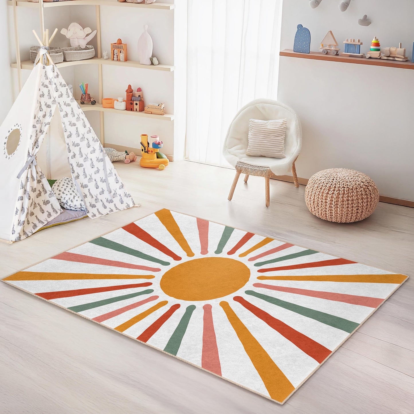 Sunshine Burst Colorful Kids Rectangular Rug, Kids Room Carpet, Playroom Decor, Bright Nursery Rug, Fun and Playful Mat