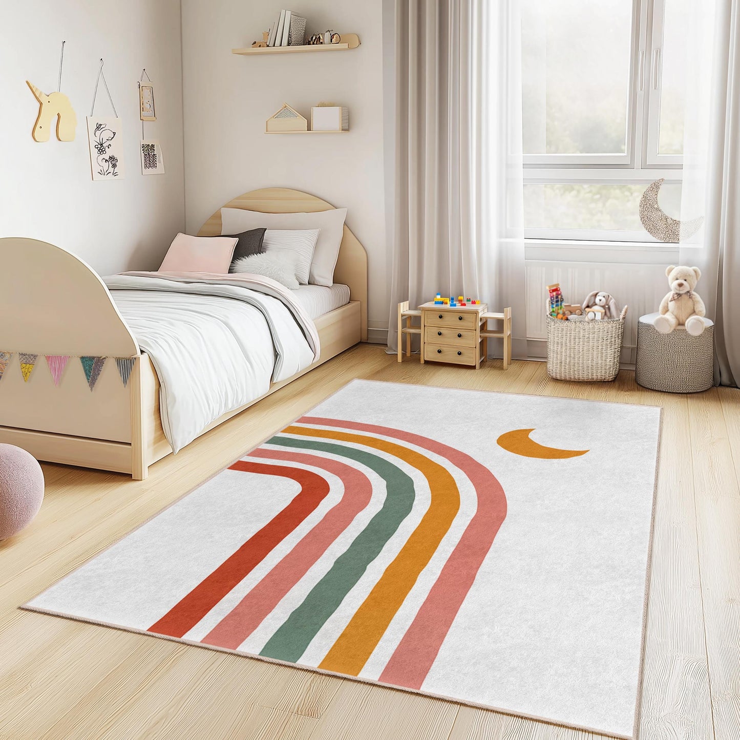 Colorful Rainbow Design Kids Rug, Rectangular Playroom Carpet, Nursery Decor, Soft Children's Rug, Toddler Room Mat