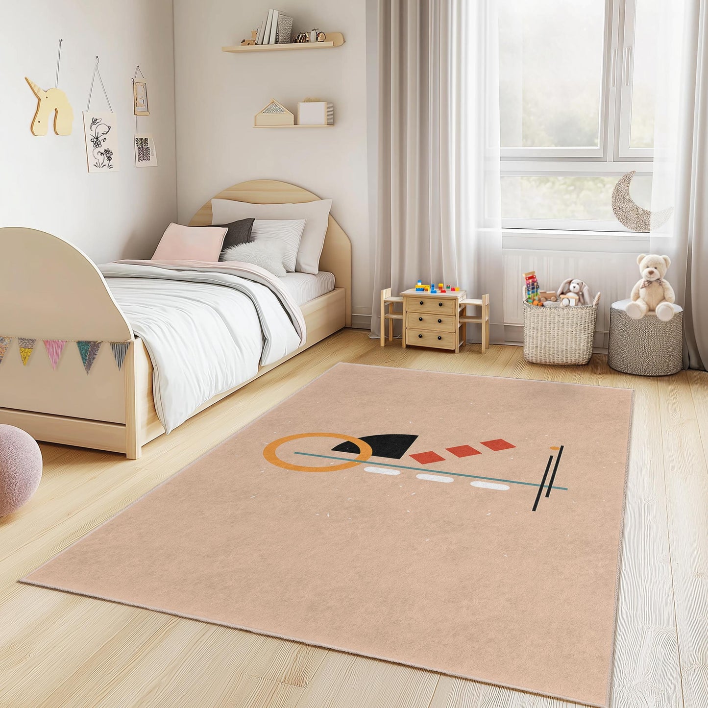 Geometric Shapes Playful Kids Rug, Rectangle Kids Room Carpet, Modern Design Playmat, Colorful Nursery Dcor, Soft Children's Rug