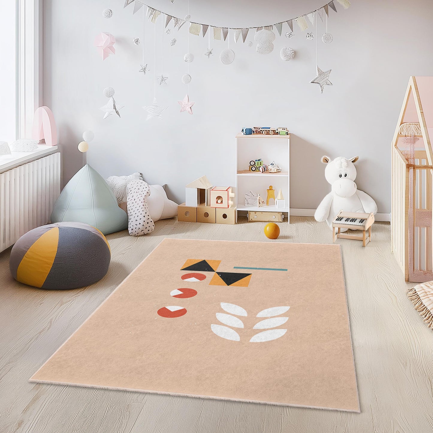 Geometric Kids Rug: Modern Playroom Carpet, Colorful Nursery Decor