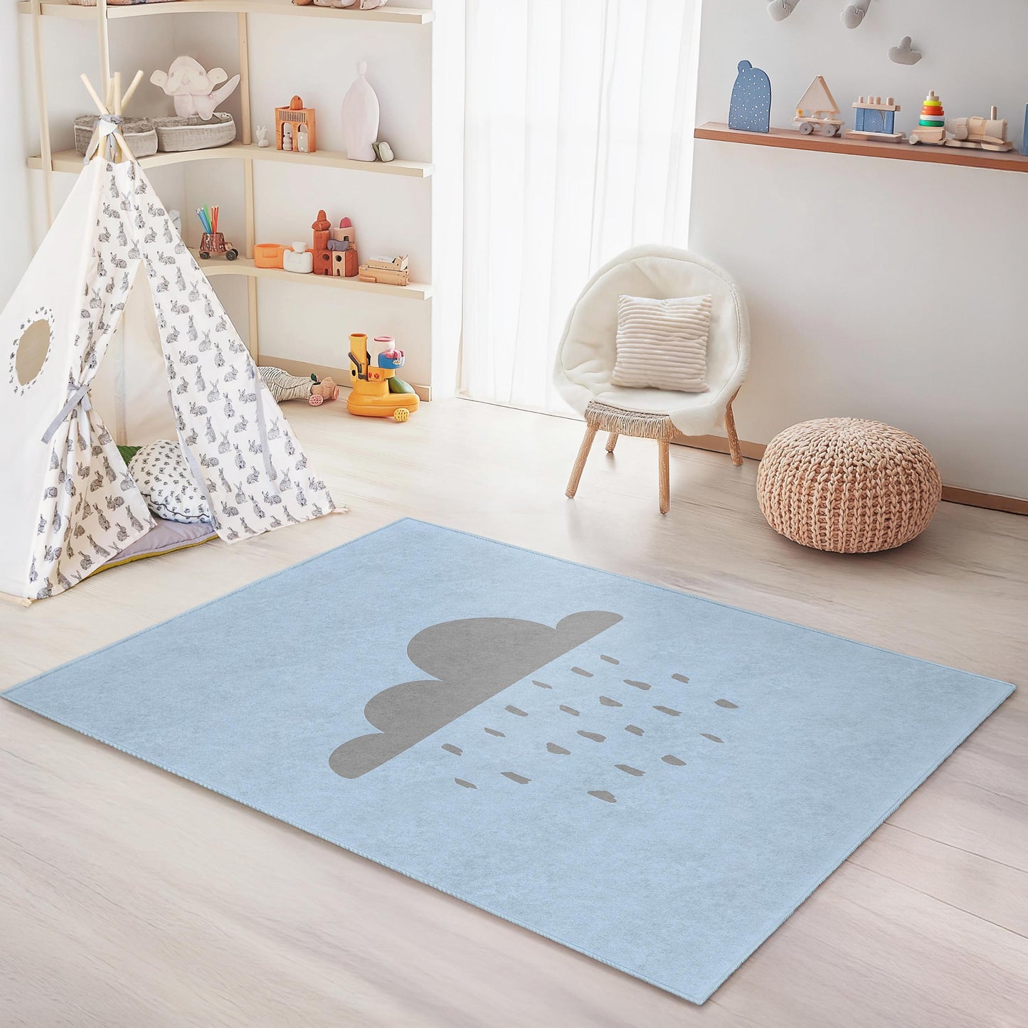 Cloudy Day Rectangular Kids Rug, Soft Nursery Rug for Children, Playroom Decor, Rain Cloud Carpet, Cute Baby Room Mat