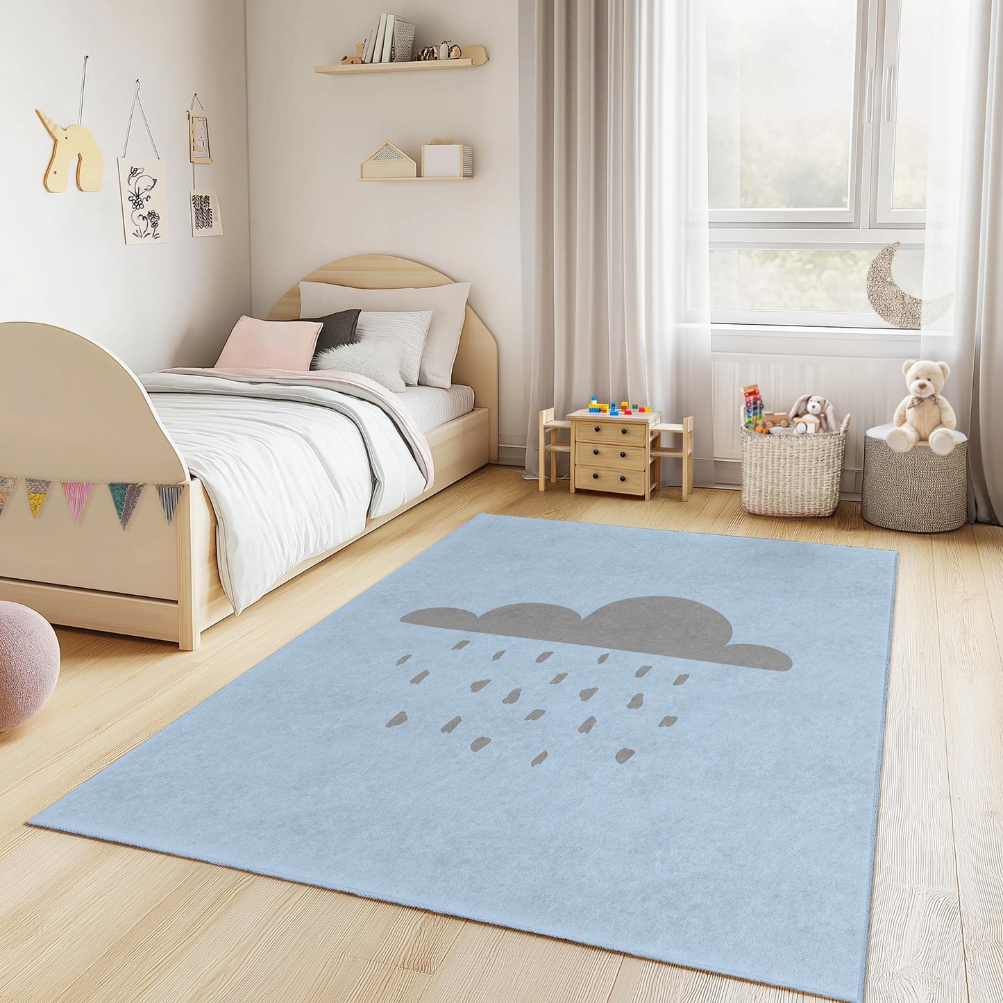 Cloudy Day Rectangular Kids Rug, Soft Nursery Rug for Children, Playroom Decor, Rain Cloud Carpet, Cute Baby Room Mat