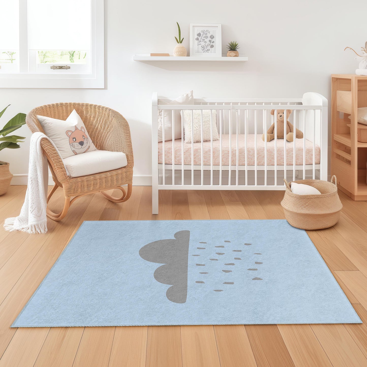 Cloudy Day Rectangular Kids Rug, Soft Nursery Rug for Children, Playroom Decor, Rain Cloud Carpet, Cute Baby Room Mat