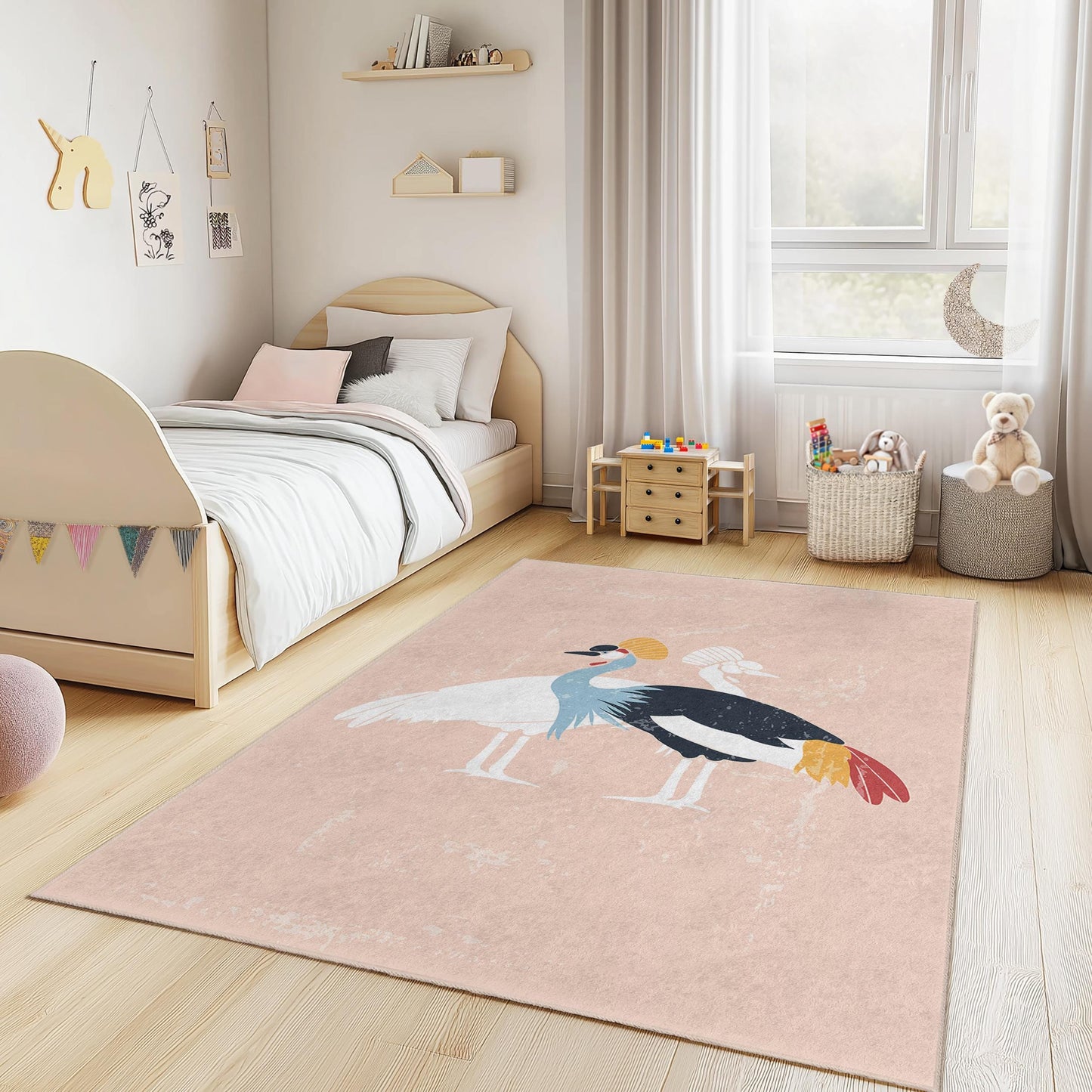 Colorful Crane Pattern Rectangular Kids Rug, Playful Bird Design Area Rug, Nursery Decor, Soft Kids Room Carpet