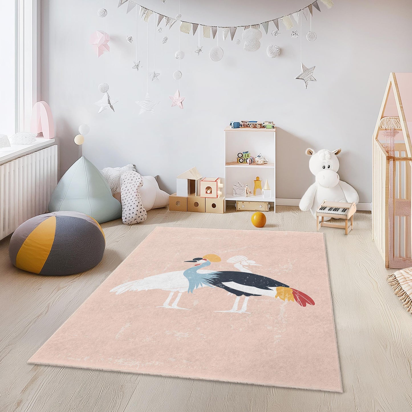 Colorful Crane Pattern Rectangular Kids Rug, Playful Bird Design Area Rug, Nursery Decor, Soft Kids Room Carpet