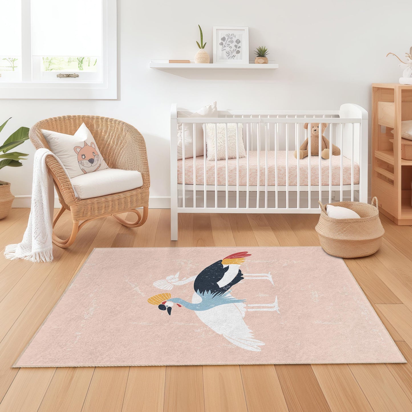 Colorful Crane Pattern Rectangular Kids Rug, Playful Bird Design Area Rug, Nursery Decor, Soft Kids Room Carpet