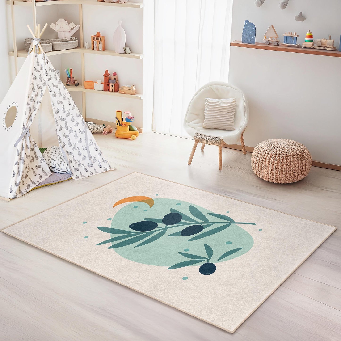 Olive Branch Abstract Design Rug, Rectangular Area Rug for Kids Room, Soft Decorative Carpet for Playroom, Nursery Decor