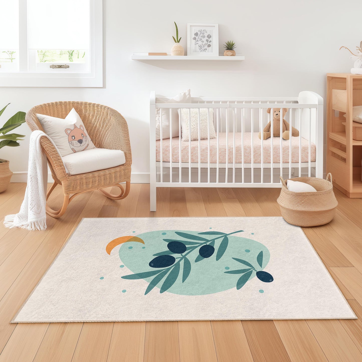 Olive Branch Abstract Design Rug, Rectangular Area Rug for Kids Room, Soft Decorative Carpet for Playroom, Nursery Decor