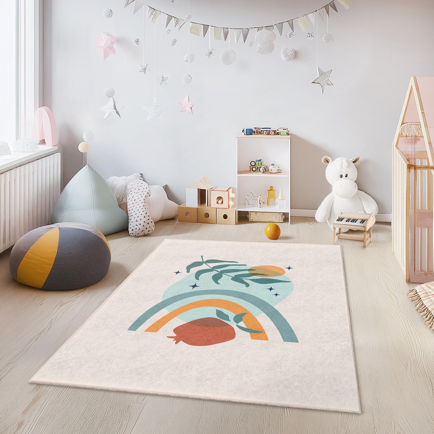 Colorful Rainbow and Leaf Pattern Rectangular Kids Rug, Playroom Carpet, Nursery Decor, Child's Room Area Rug, Vibrant Kids Carpet