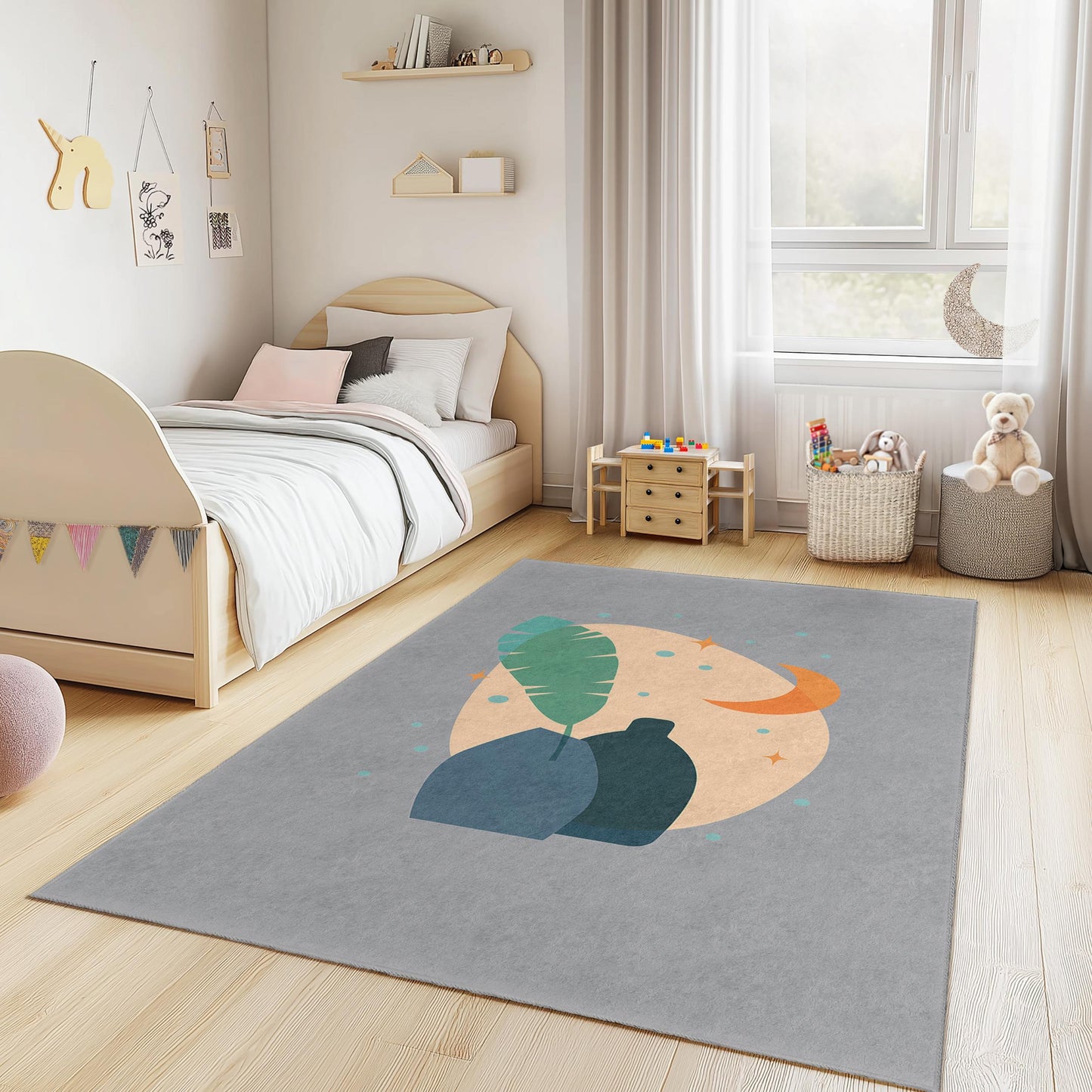 Abstract Leaf and Vase Rectangular Kids Room Rug, Modern Nursery Decor, Playroom Carpet, Stylish Home Accent