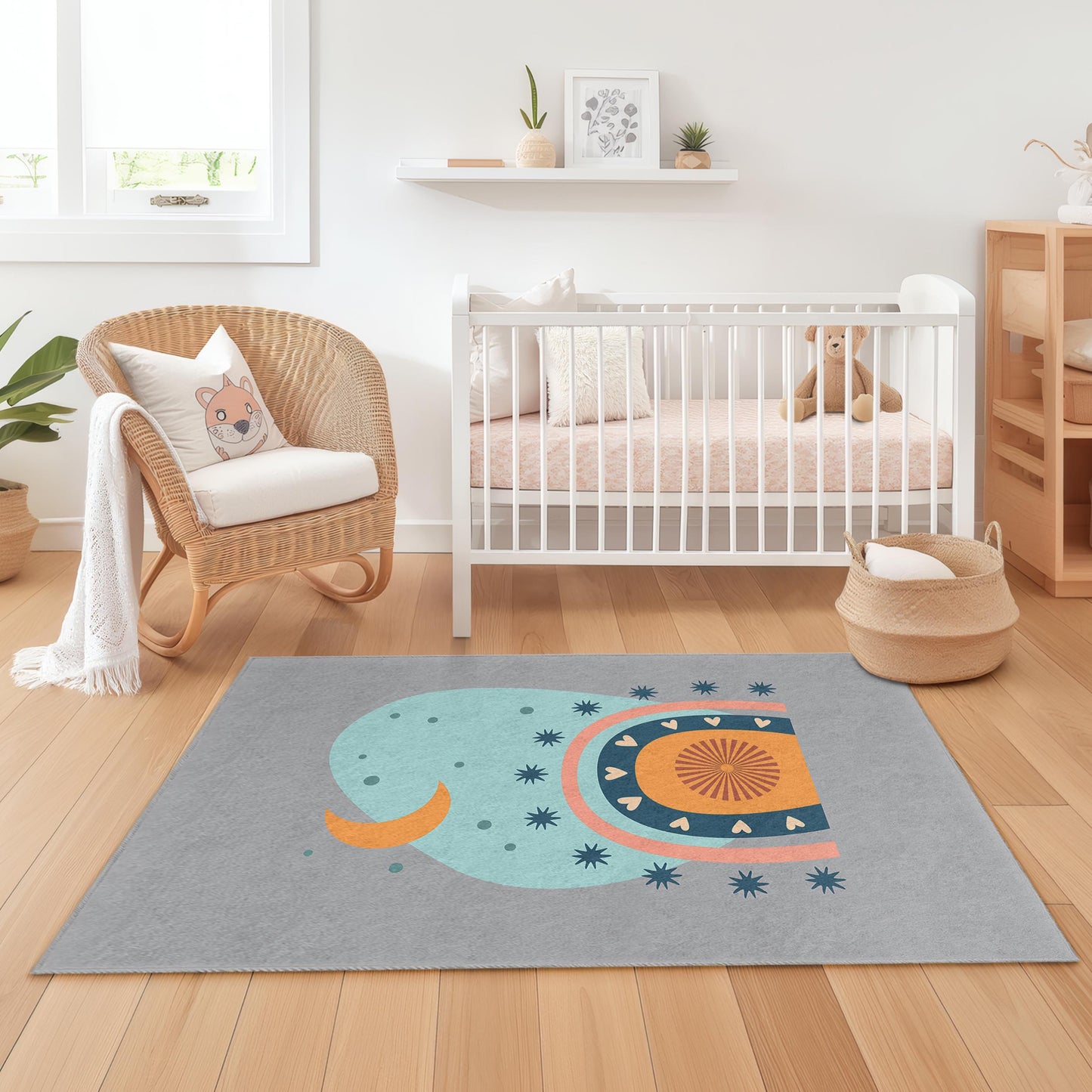 Colorful Rainbow and Stars Rectangular Kids Rug, Playful Nursery Carpet, Soft Kids Room Decor, Unique Children Mat