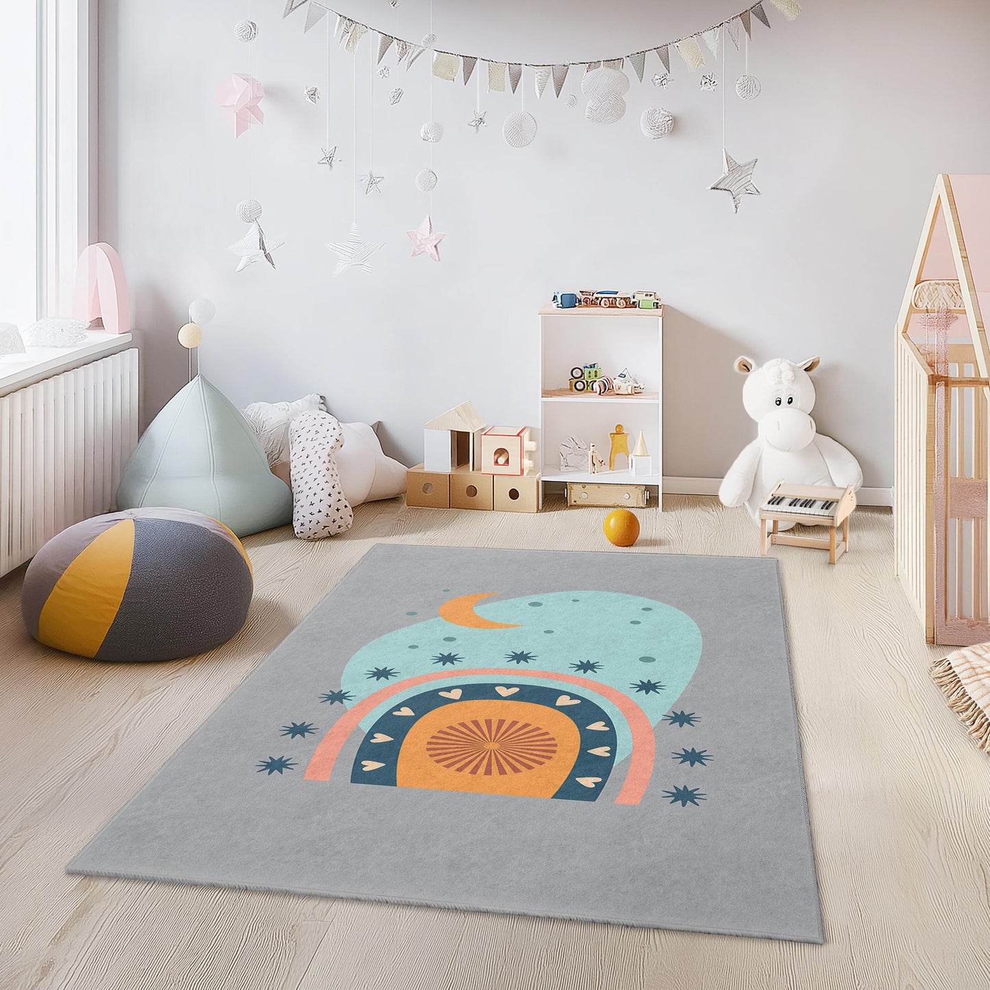 Colorful Rainbow and Stars Rectangular Kids Rug, Playful Nursery Carpet, Soft Kids Room Decor, Unique Children Mat