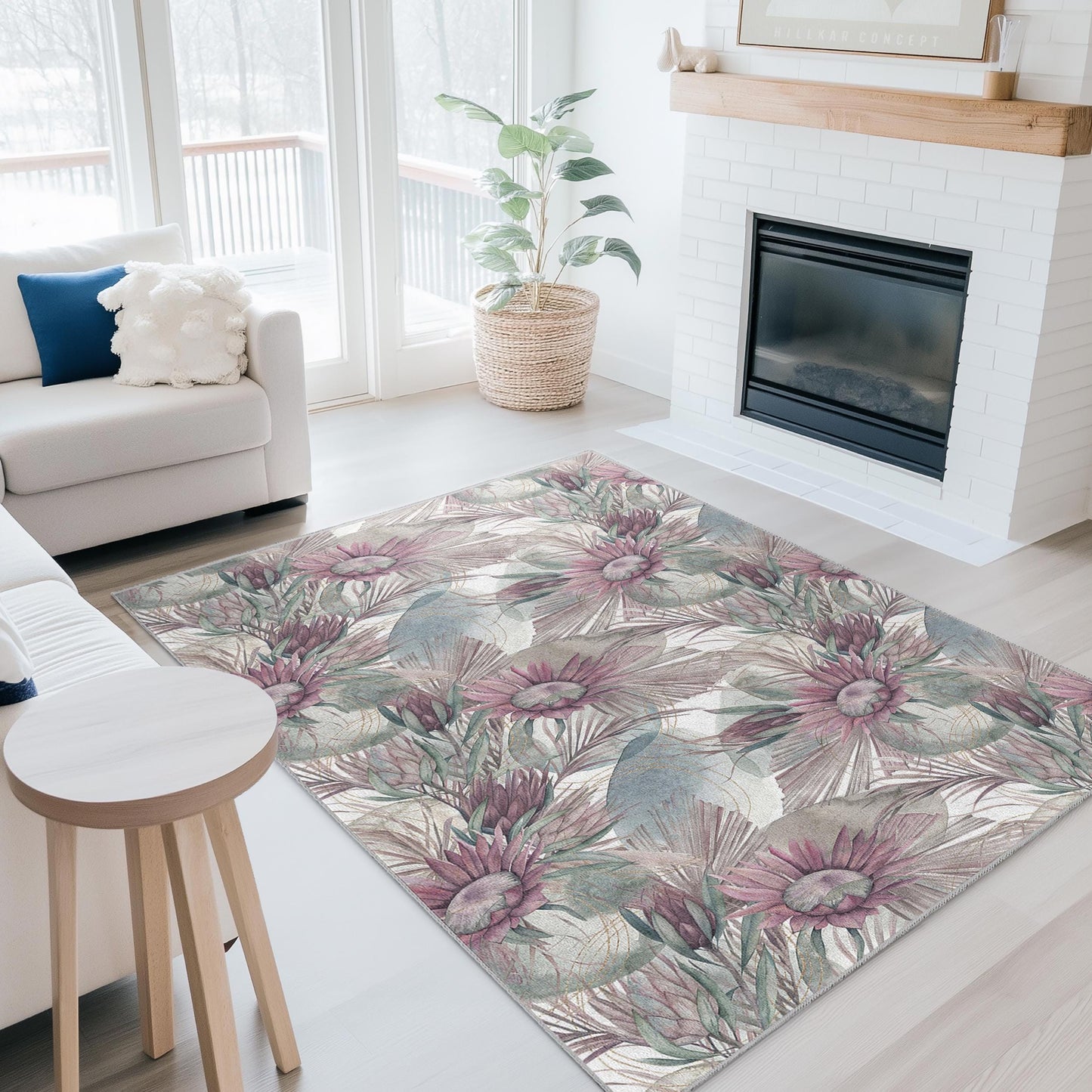 Floral Elegance Rectangular Area Rug, Botanical Design Carpet, Flower Pattern Rug for Home Decor, Living Room, Bedroom, Dining Room