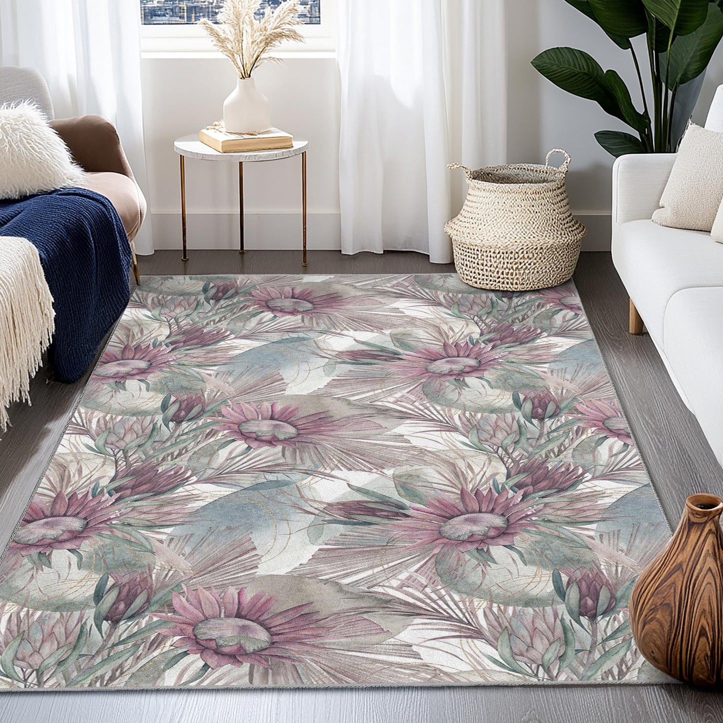 Floral Elegance Rectangular Area Rug, Botanical Design Carpet, Flower Pattern Rug for Home Decor, Living Room, Bedroom, Dining Room