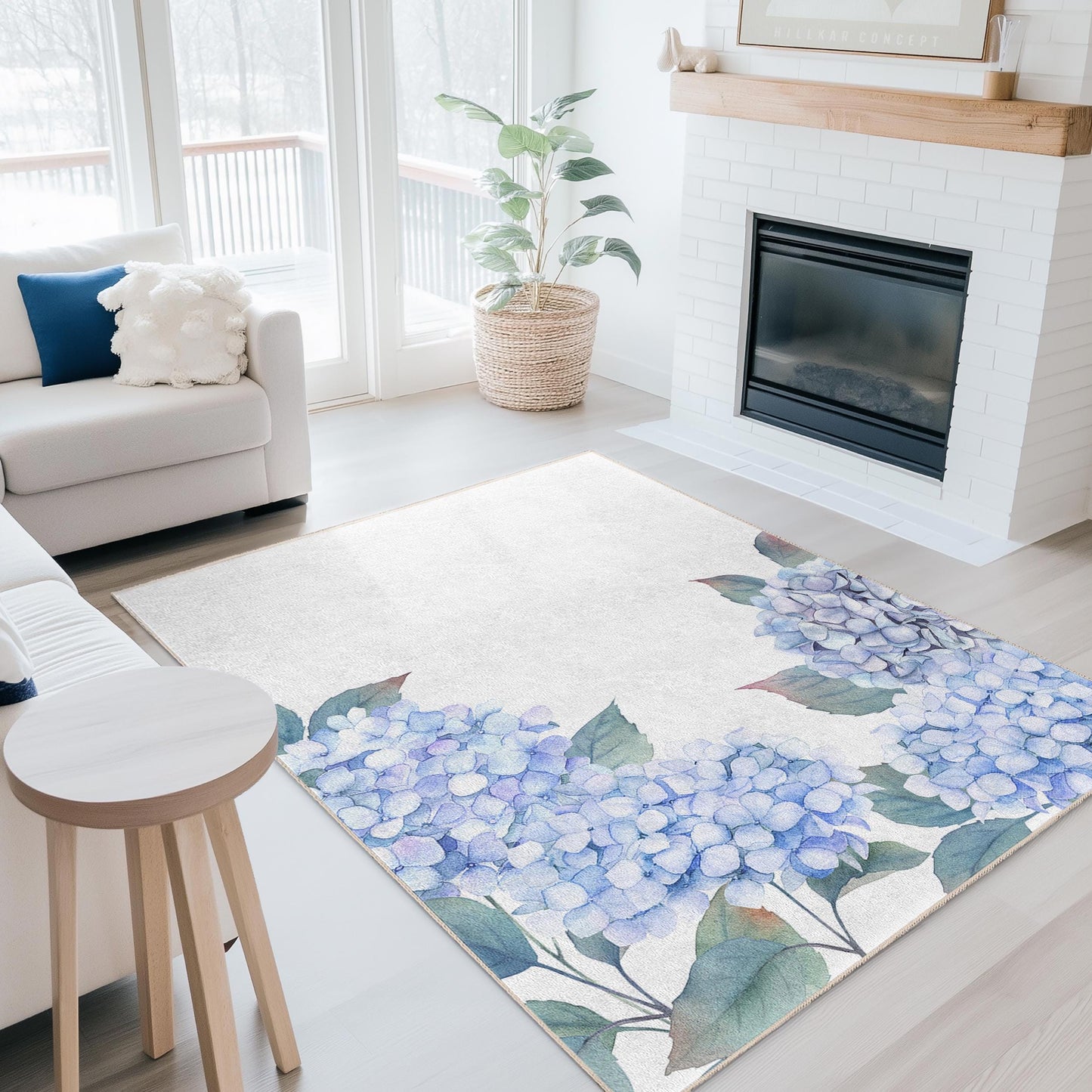Elegant Blue Hydrangea Rectangular Area Rug, Floral Design Living Room Carpet, Home Decor Rug, Bedroom Accent Rug
