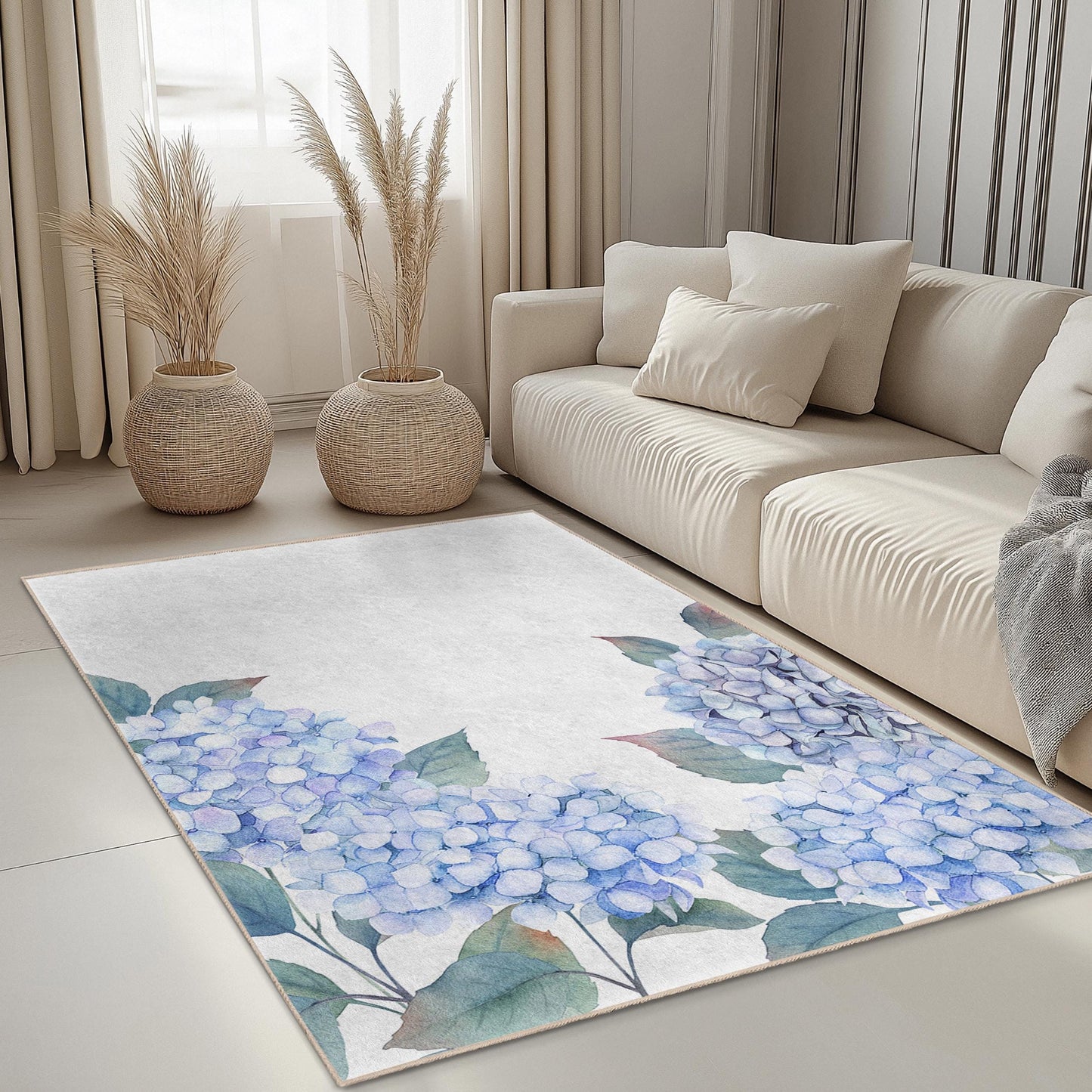 Elegant Blue Hydrangea Rectangular Area Rug, Floral Design Living Room Carpet, Home Decor Rug, Bedroom Accent Rug