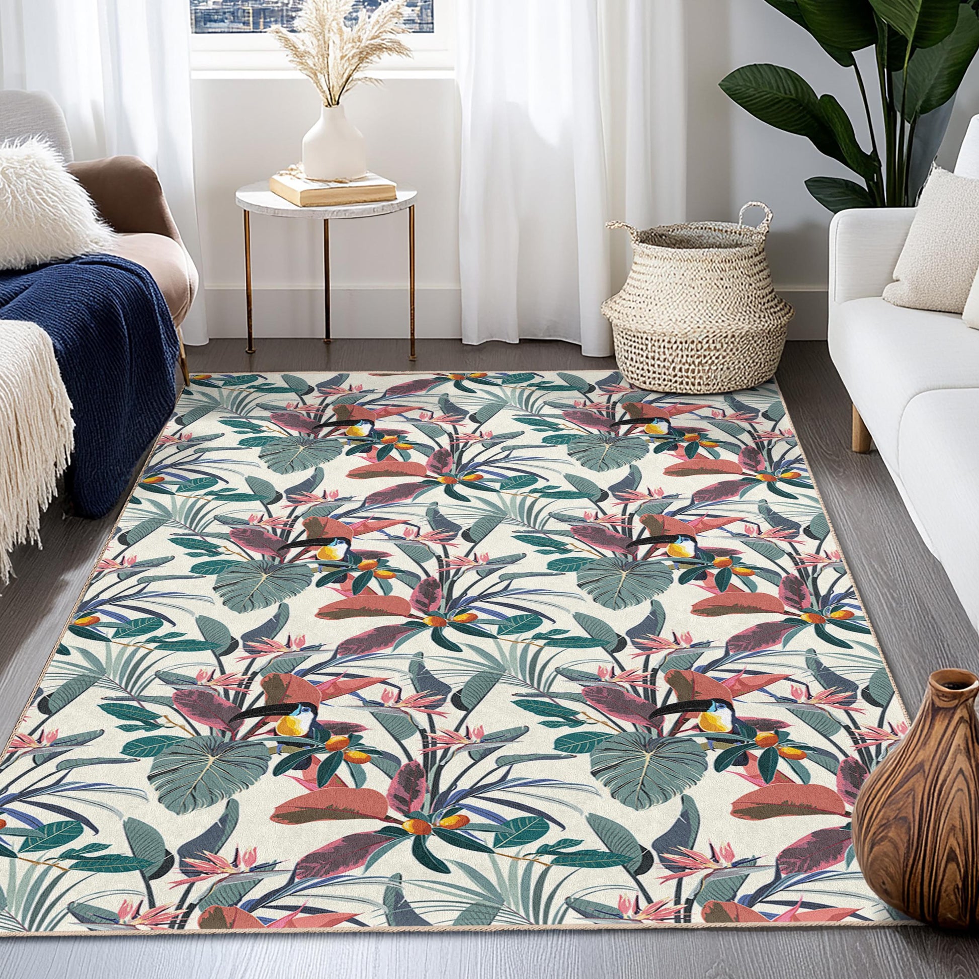Tropical Floral Pattern Rectangular Area Rug, Boho Chic Home Decor, Indoor Carpet for Living Room, Kitchen, Bedroom, and Office