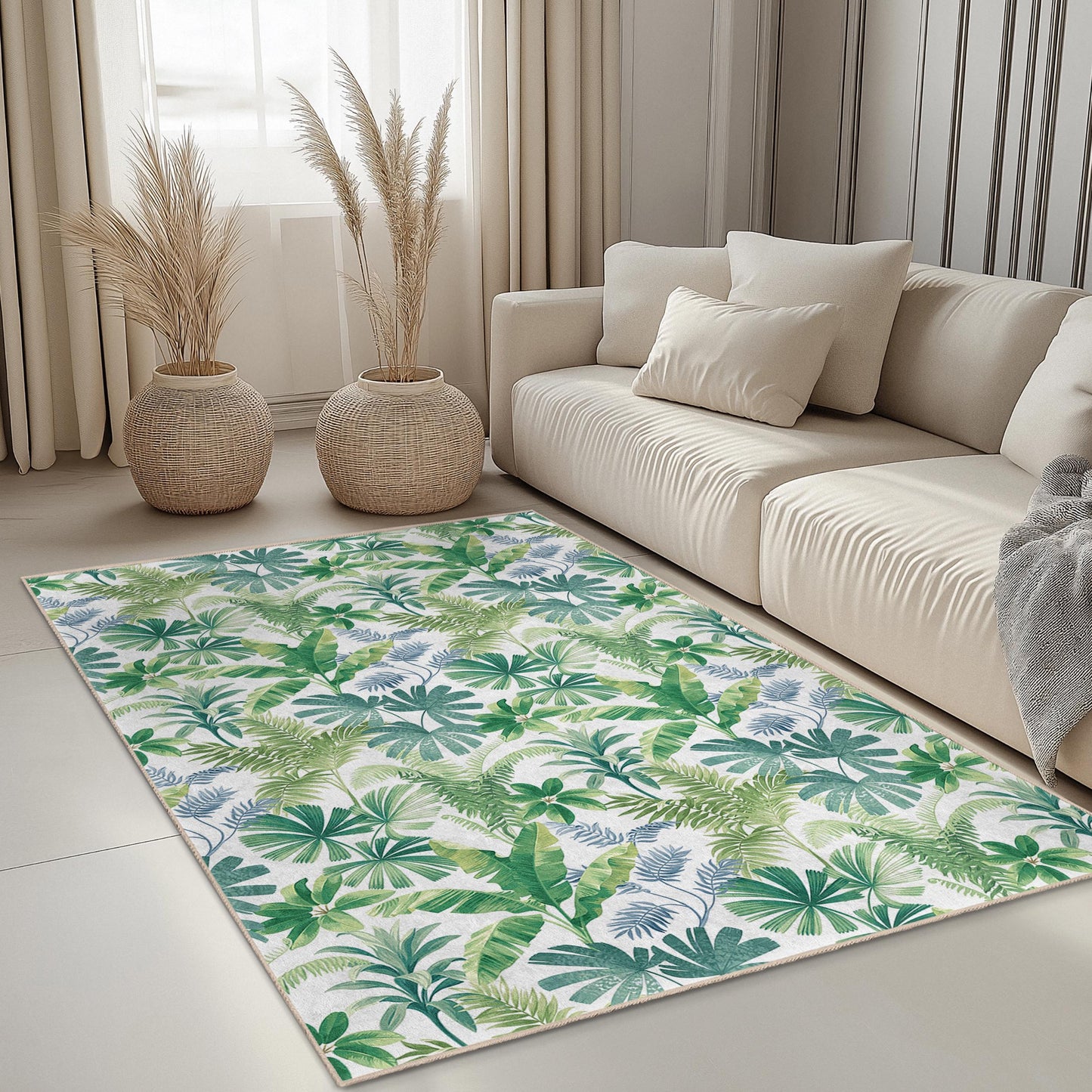 Tropical Leaf Pattern Rectangular Area Rug, Green Botanical Home Decor, Modern Living Room Carpet, Nature Inspired Floor Mat