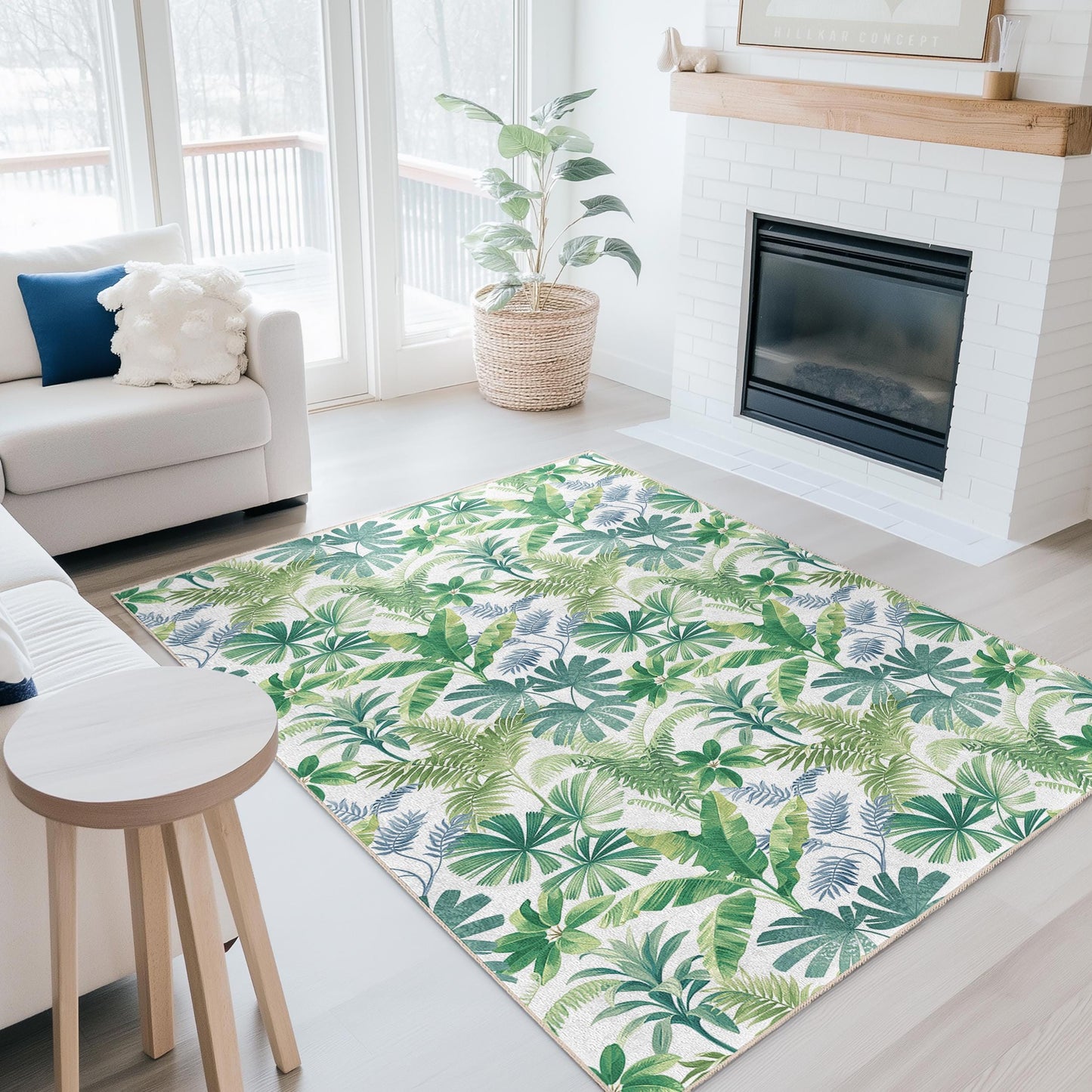 Tropical Leaf Pattern Rectangular Area Rug, Green Botanical Home Decor, Modern Living Room Carpet, Nature Inspired Floor Mat
