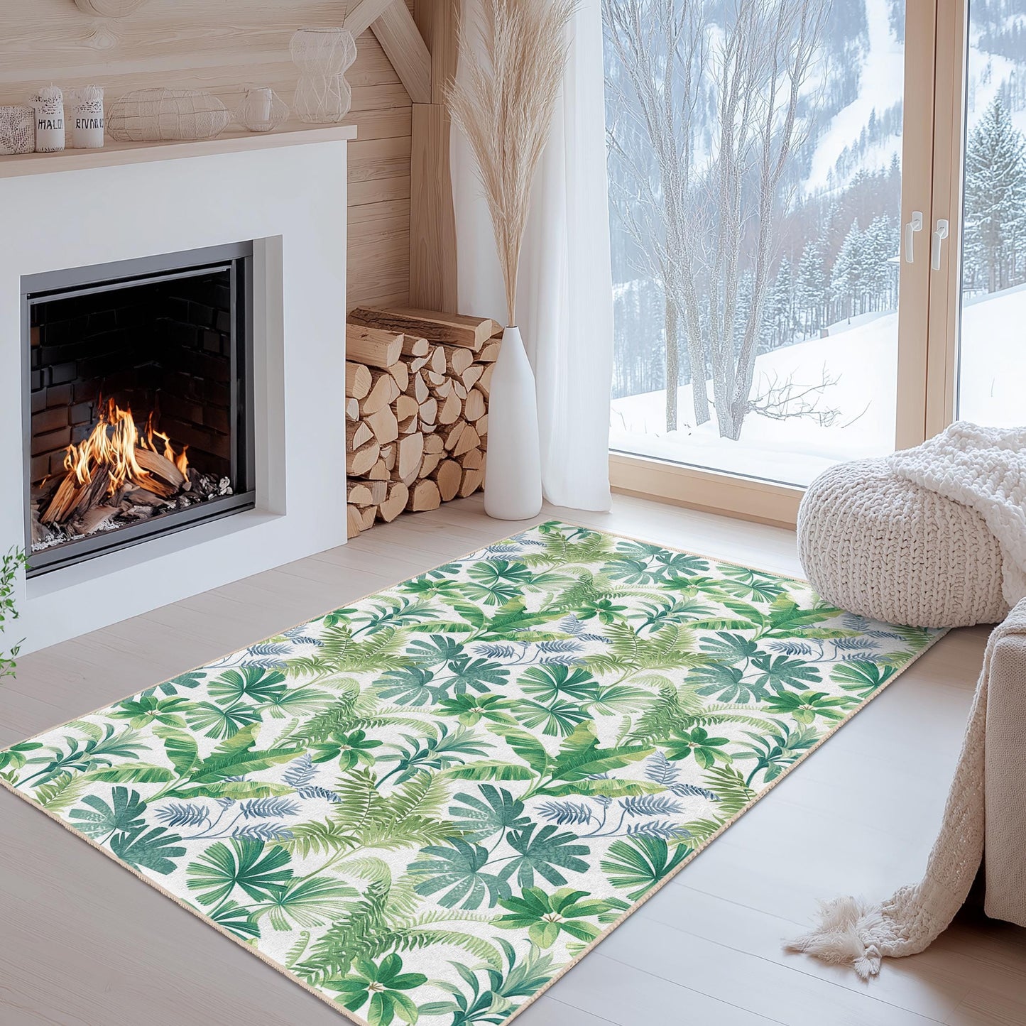 Tropical Leaf Pattern Rectangular Area Rug, Green Botanical Home Decor, Modern Living Room Carpet, Nature Inspired Floor Mat