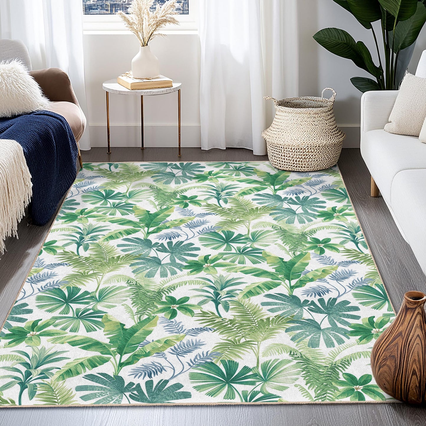 Tropical Leaf Pattern Rectangular Area Rug, Green Botanical Home Decor, Modern Living Room Carpet, Nature Inspired Floor Mat